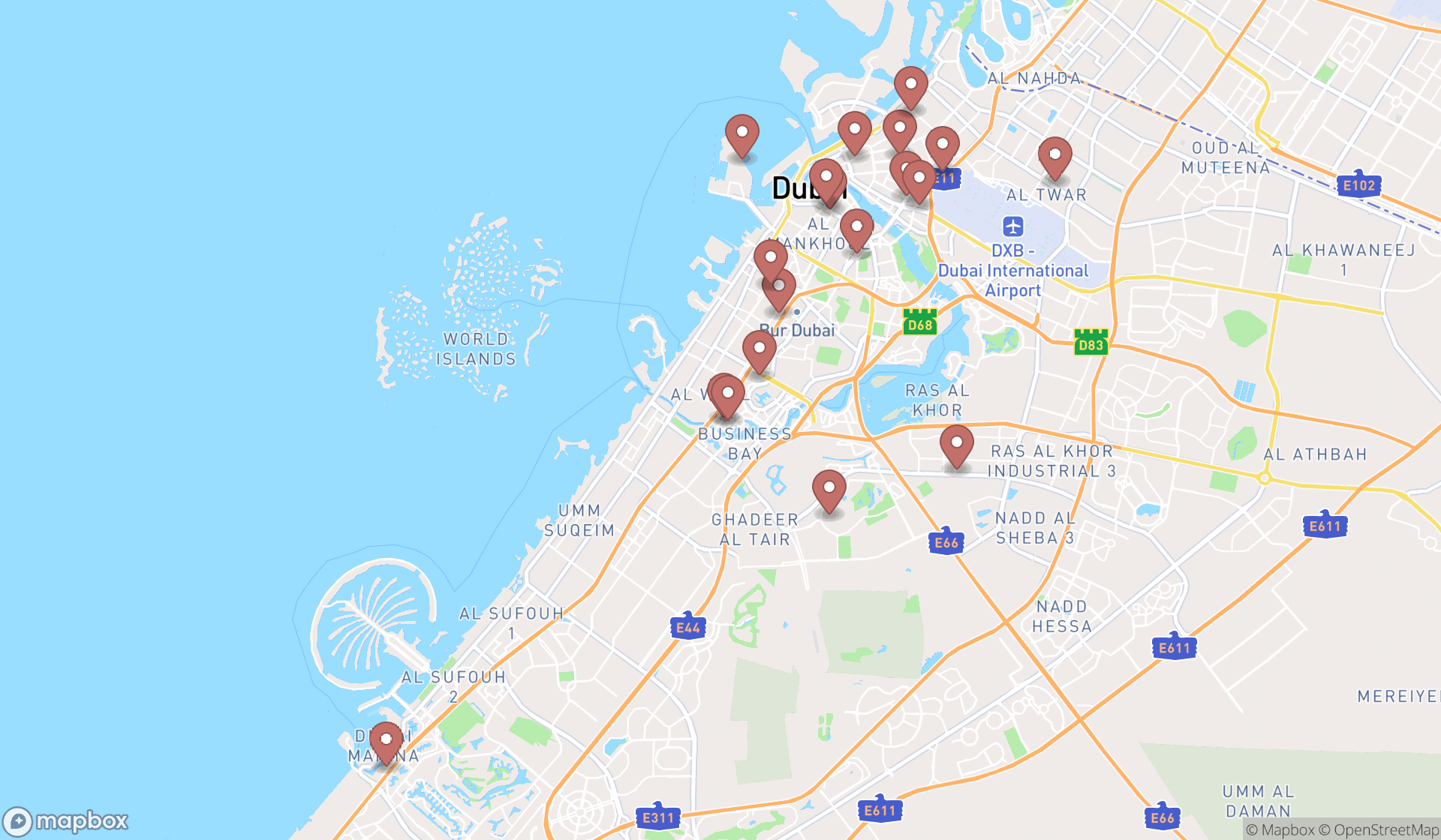 Map showing the search results in Dubai