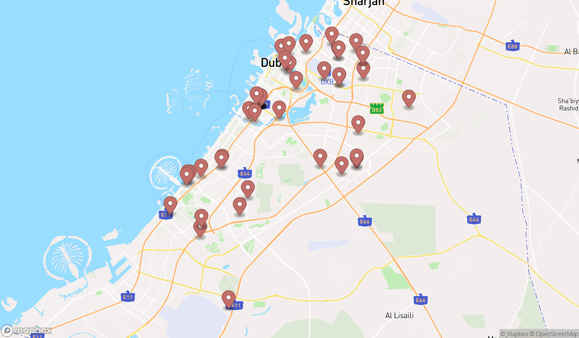 Map showing the search results in Dubai