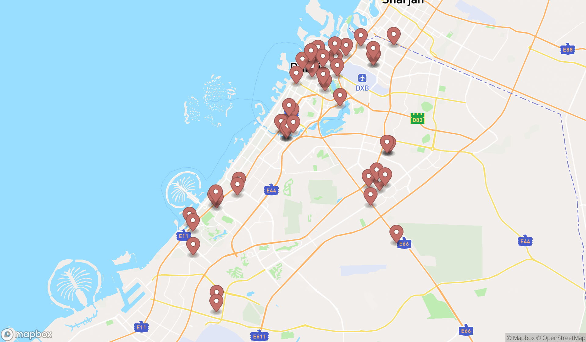 Map showing the search results in Dubai