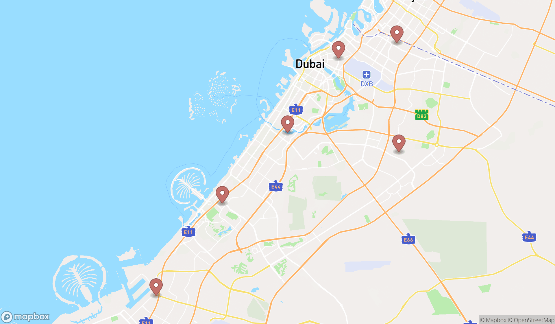 Map showing the search results in Dubai