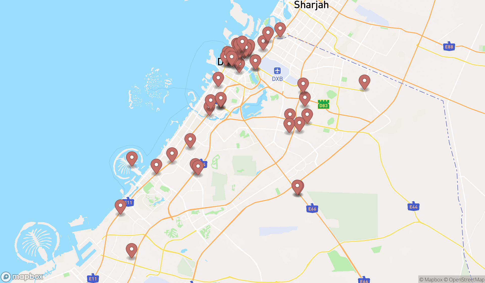 Map showing the search results in Dubai