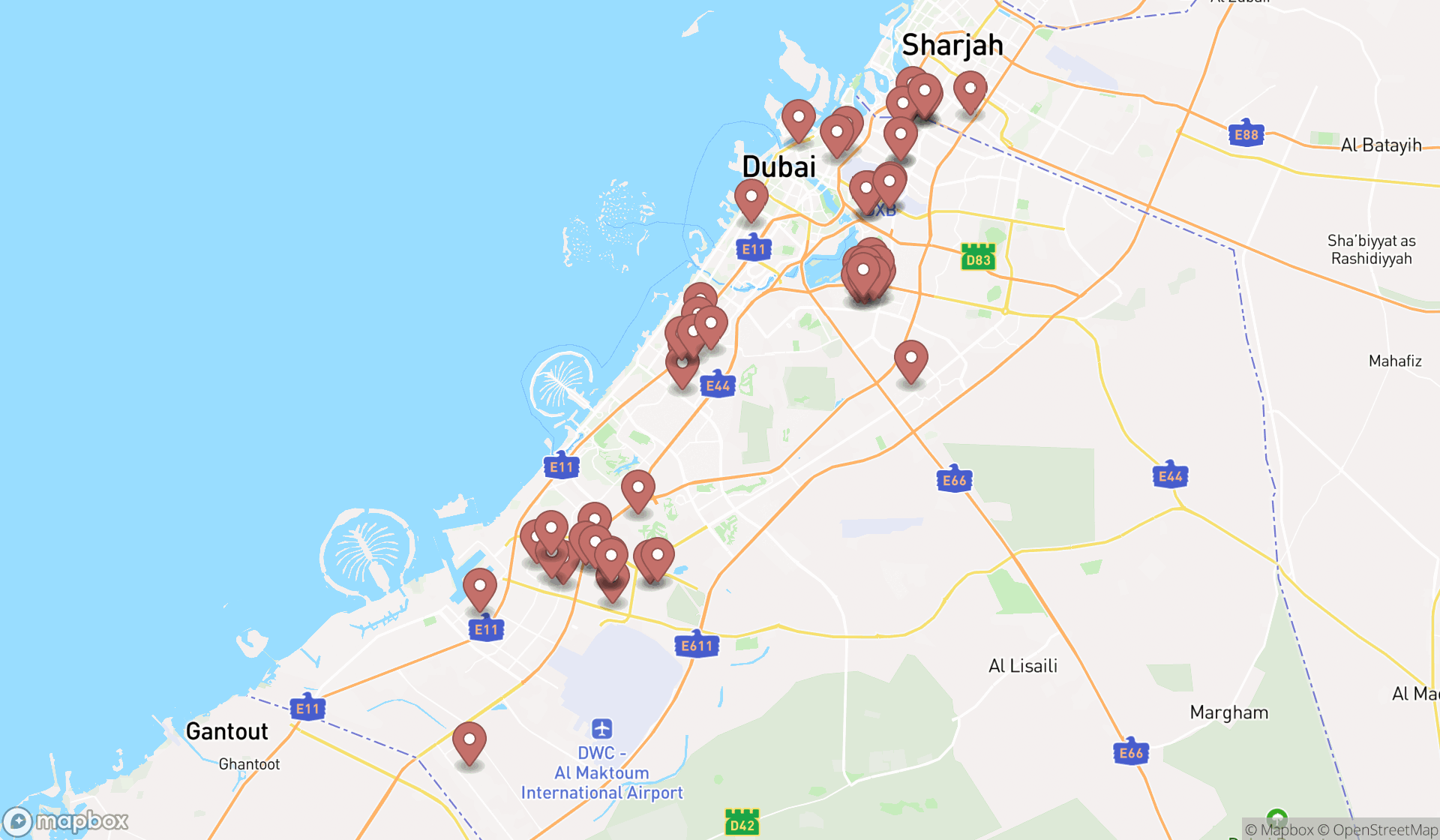 Map showing the search results in Dubai