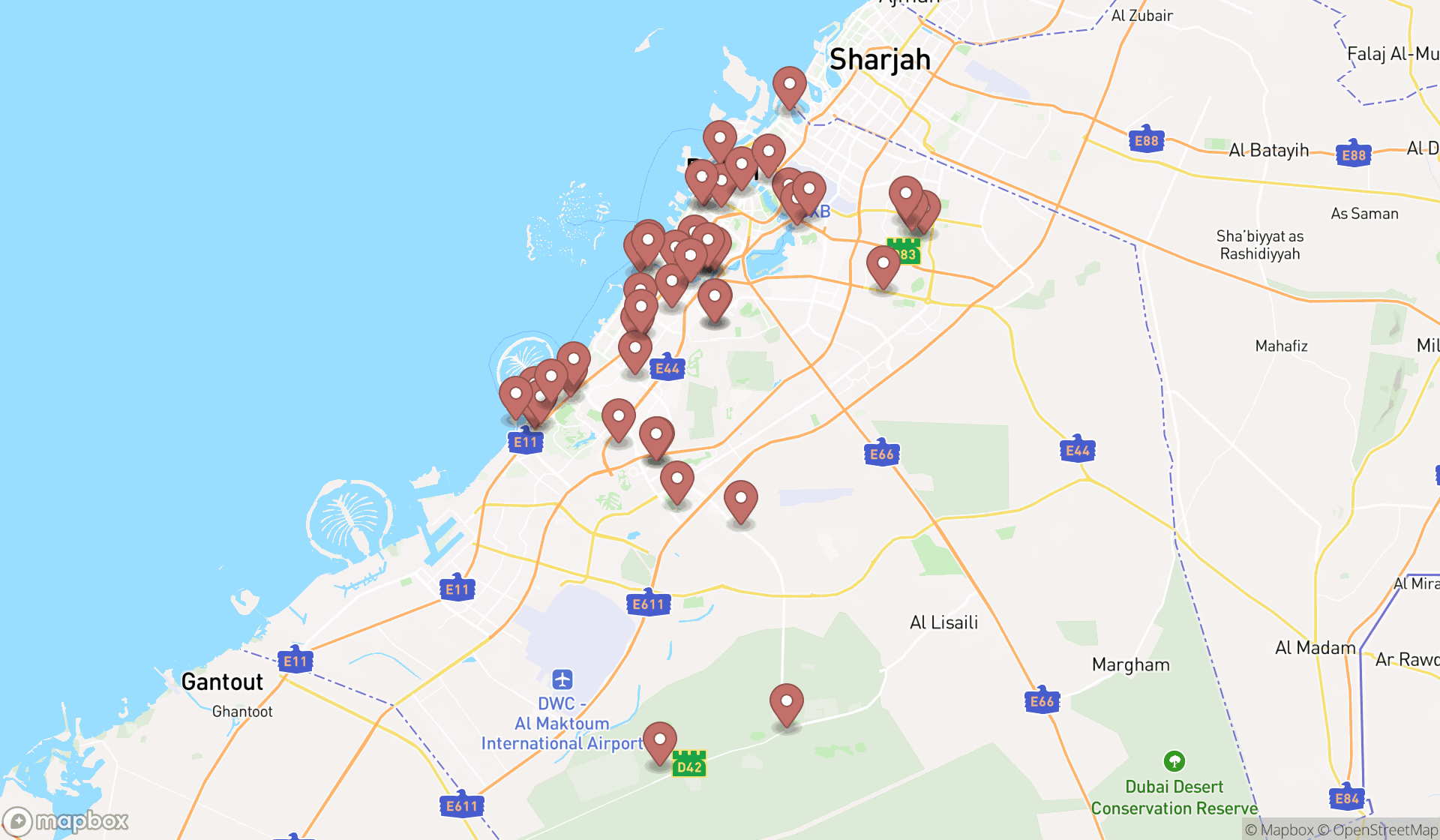 Map showing the search results in Dubai