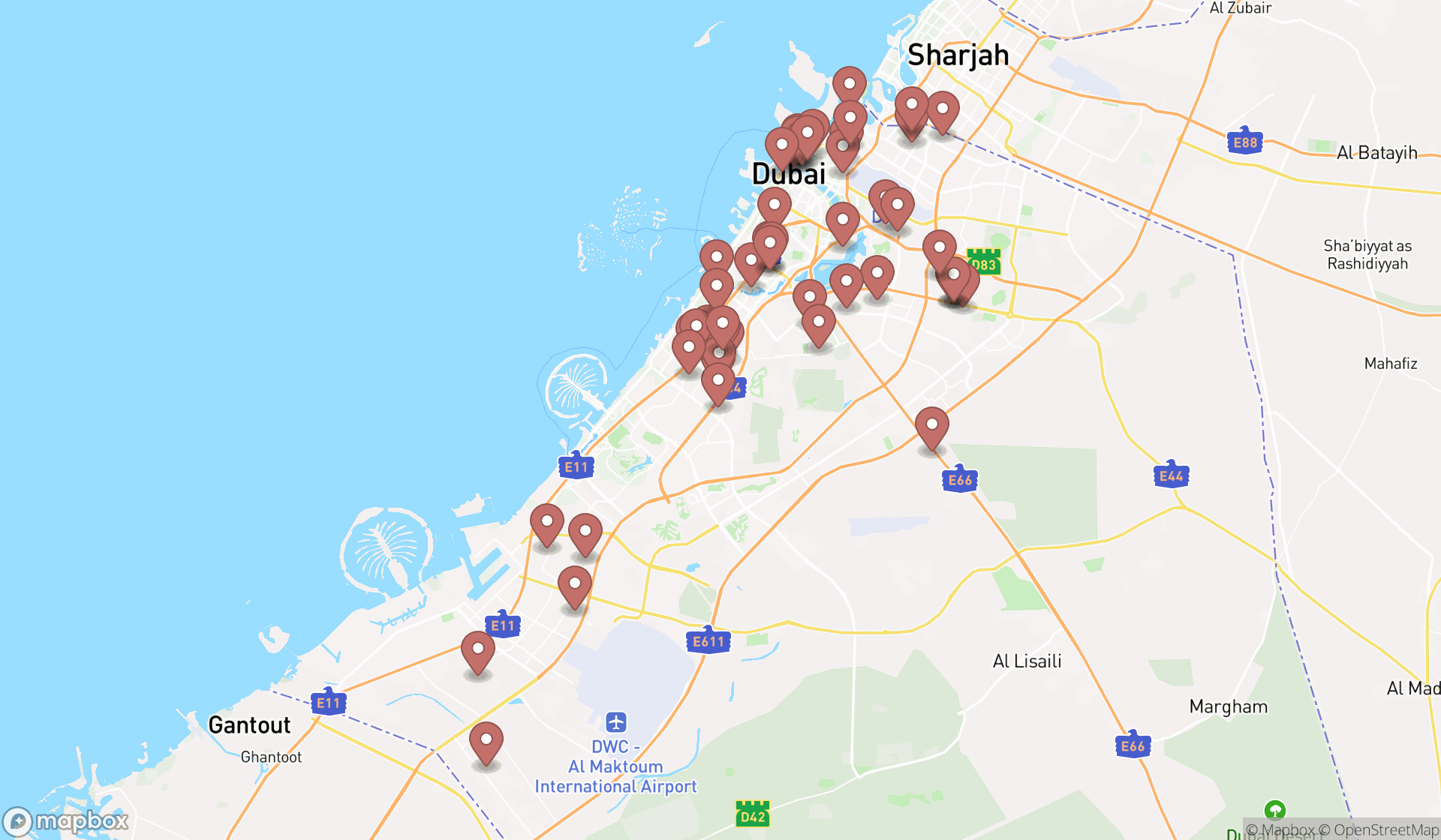 Map showing the search results in Dubai