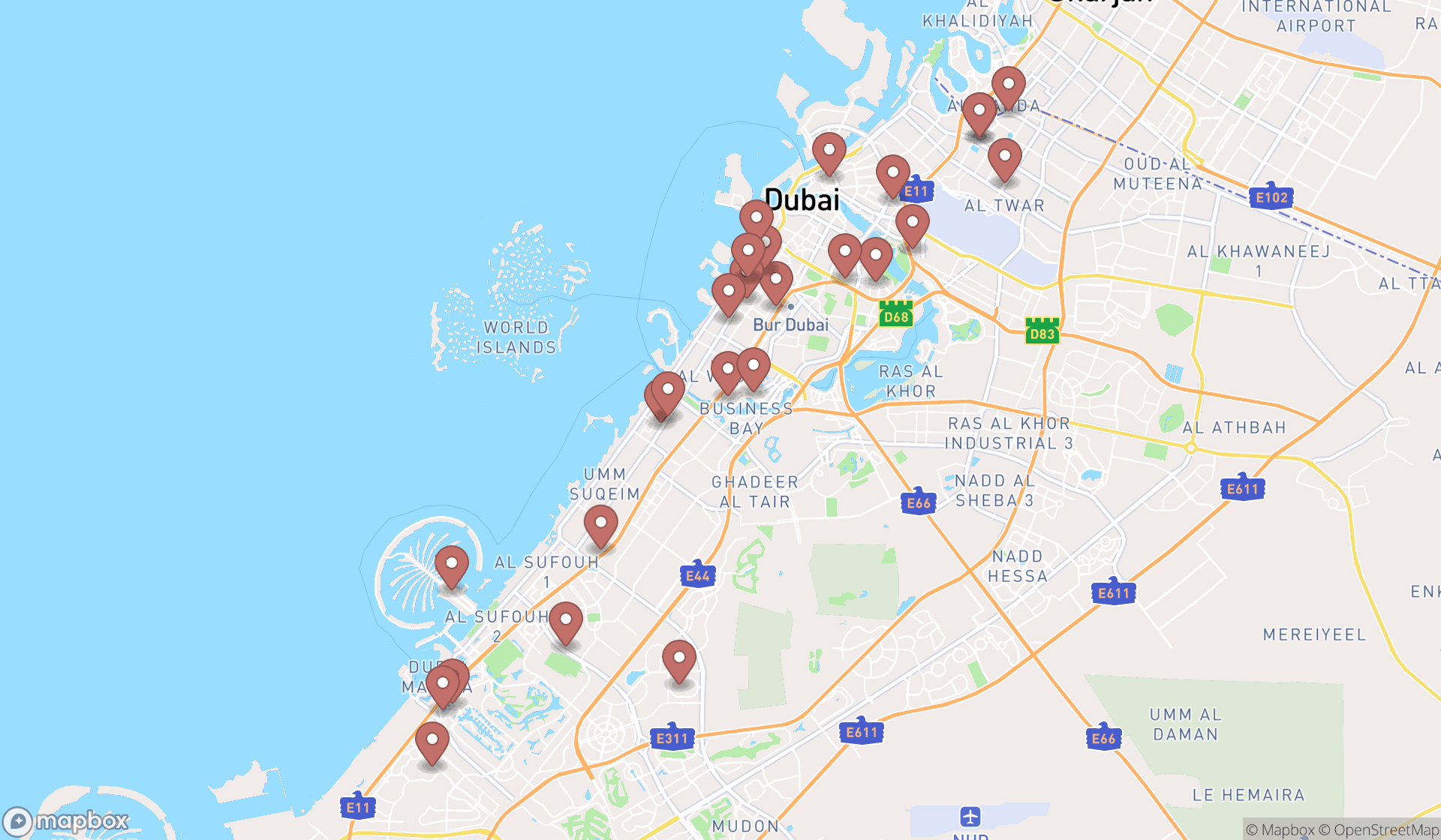 Map showing the search results in Dubai