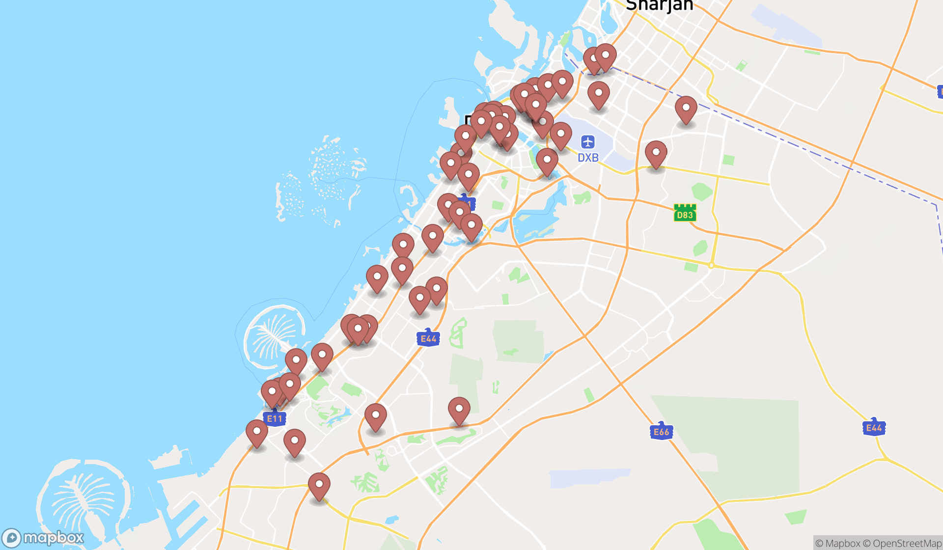 Map showing the search results in Dubai