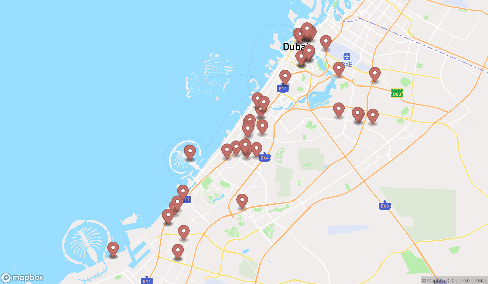 Map showing the search results in Dubai