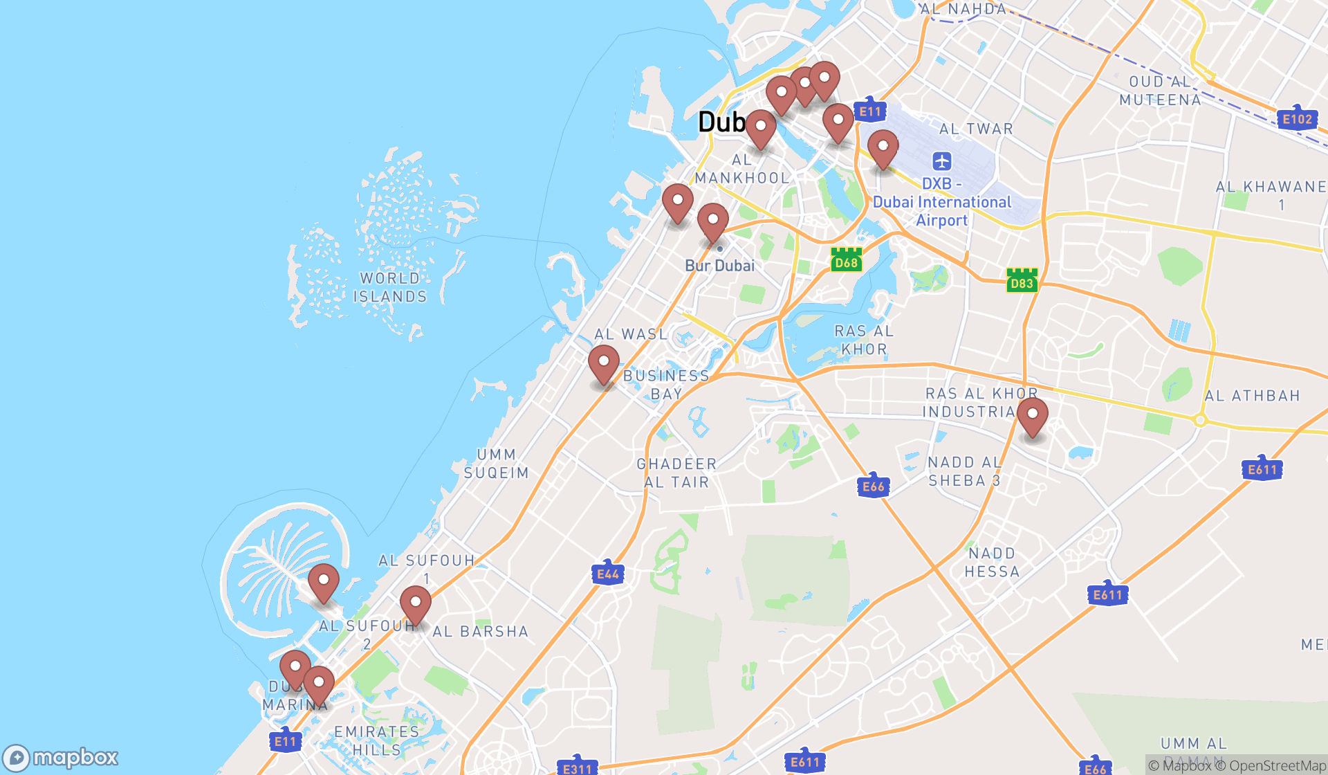 Map showing the search results in Dubai