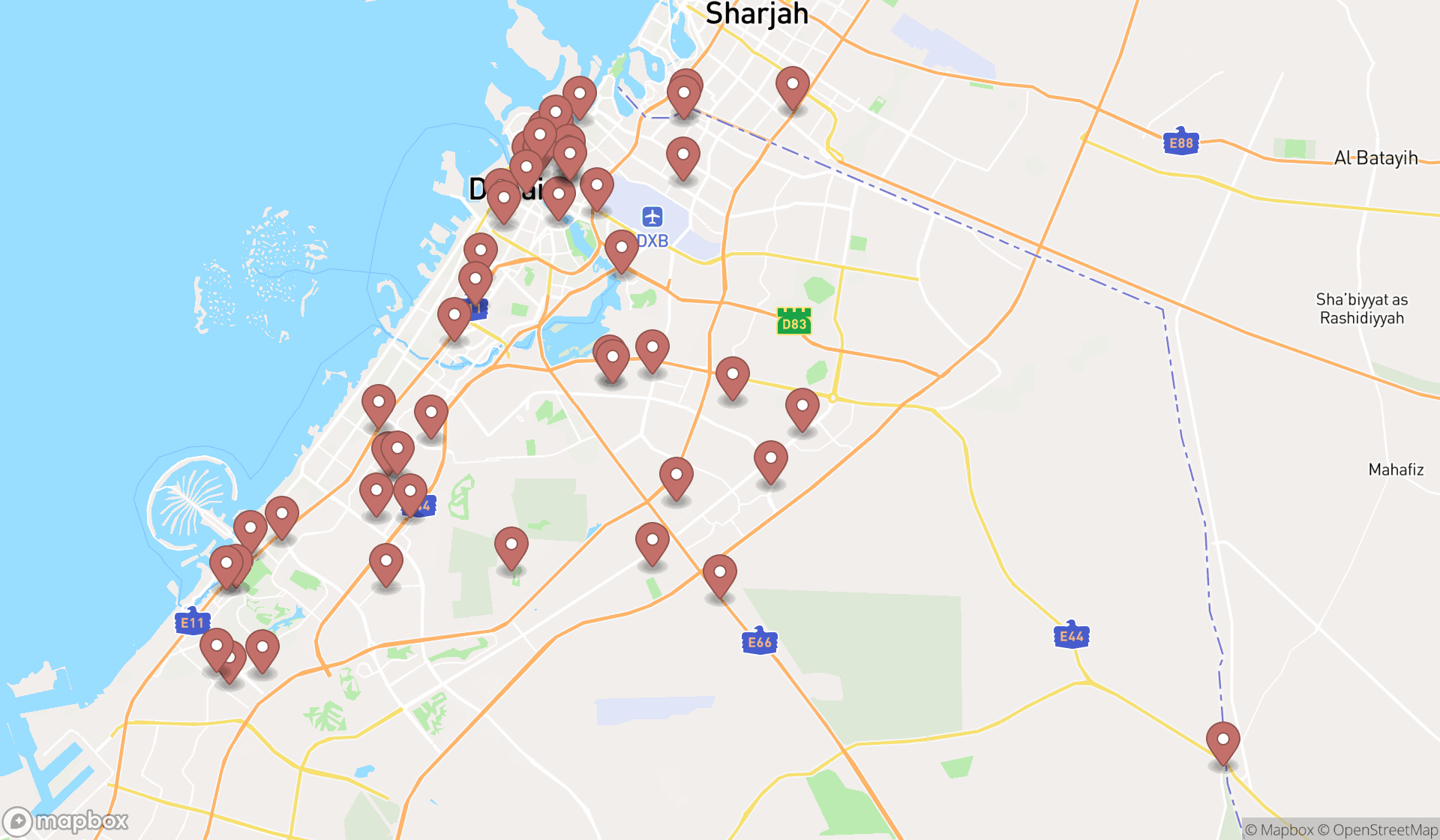 Map showing the search results in Dubai