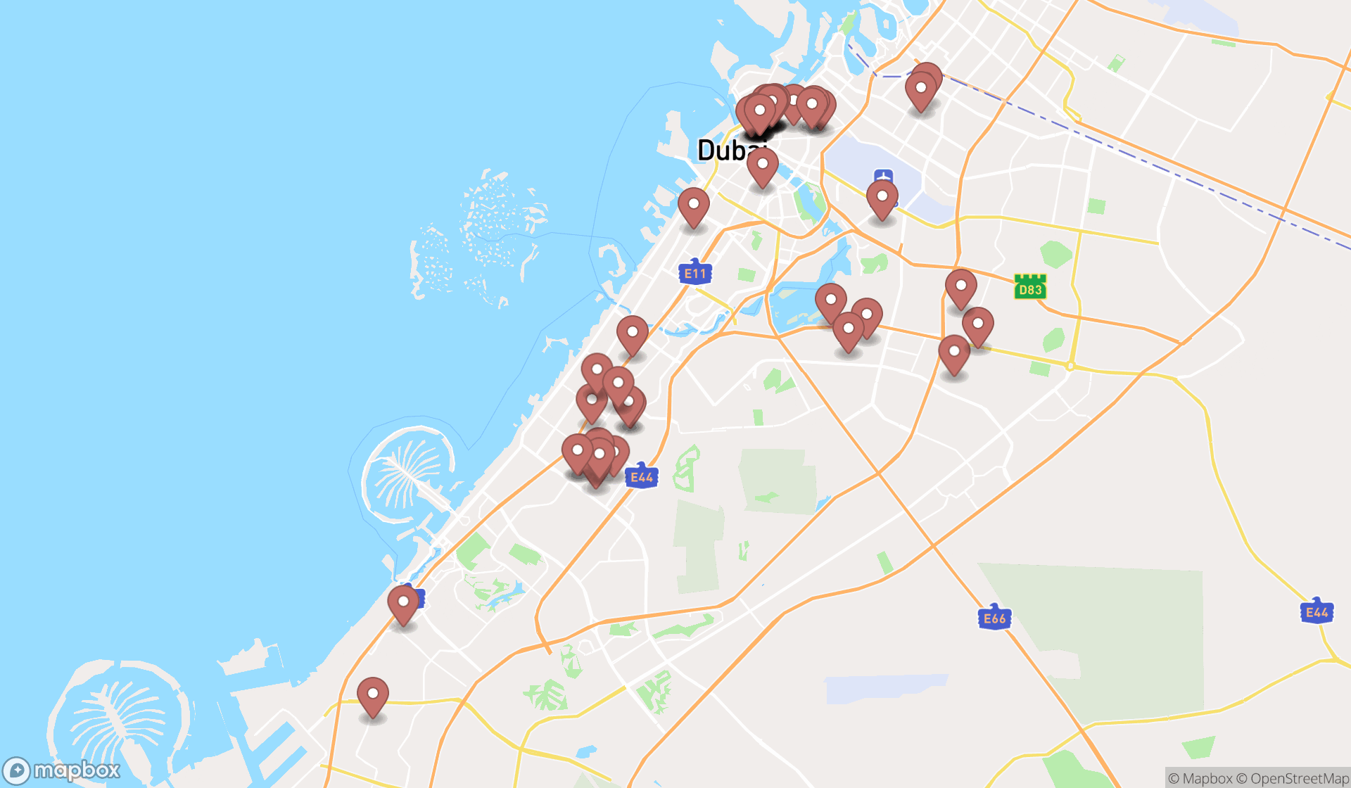 Map showing the search results in Dubai