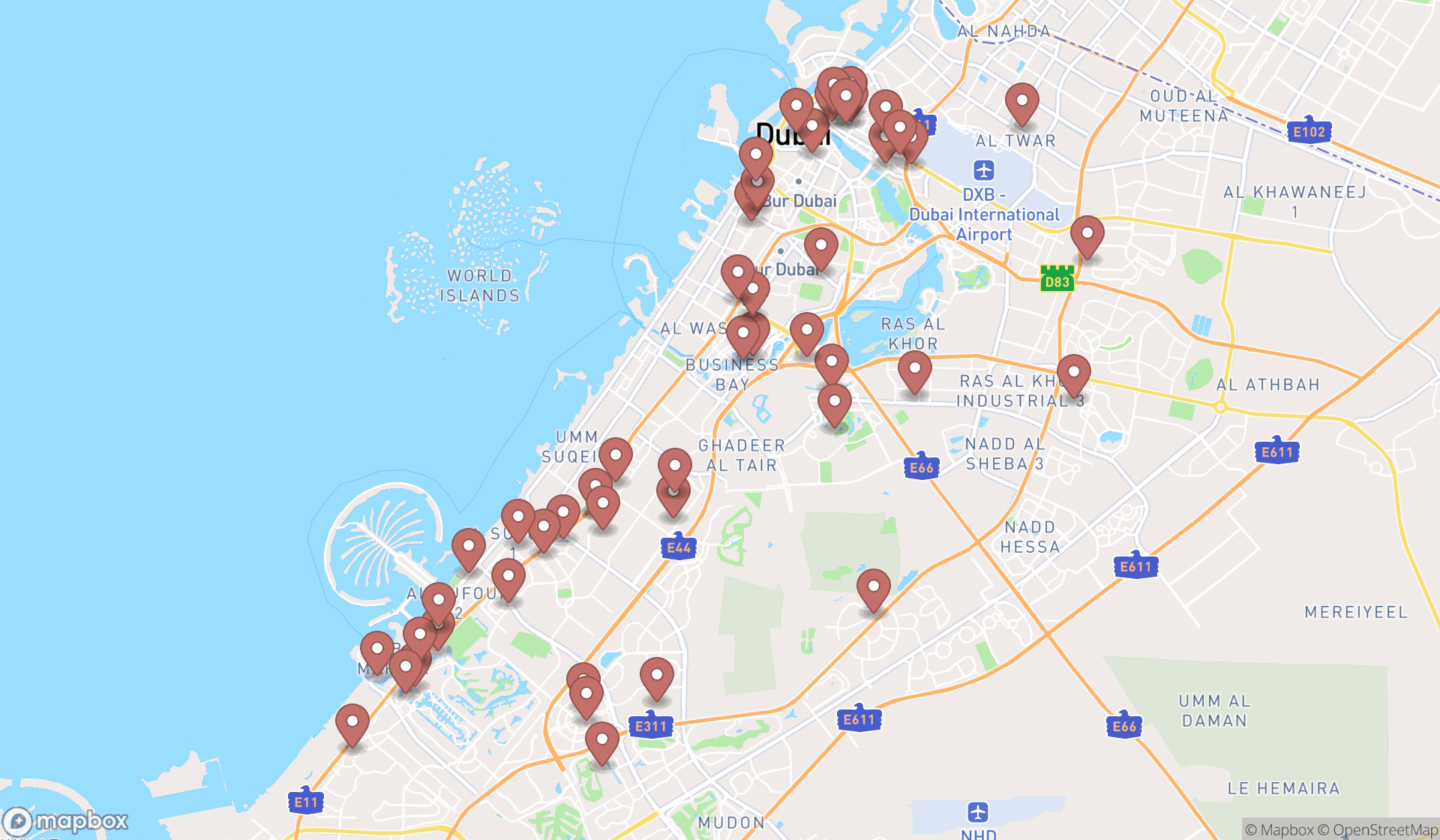 Map showing the search results in Dubai