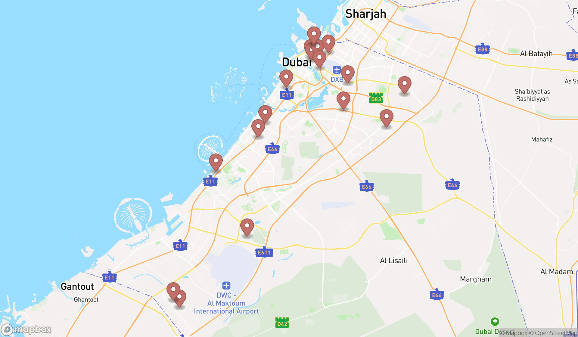 Map showing the search results in Dubai