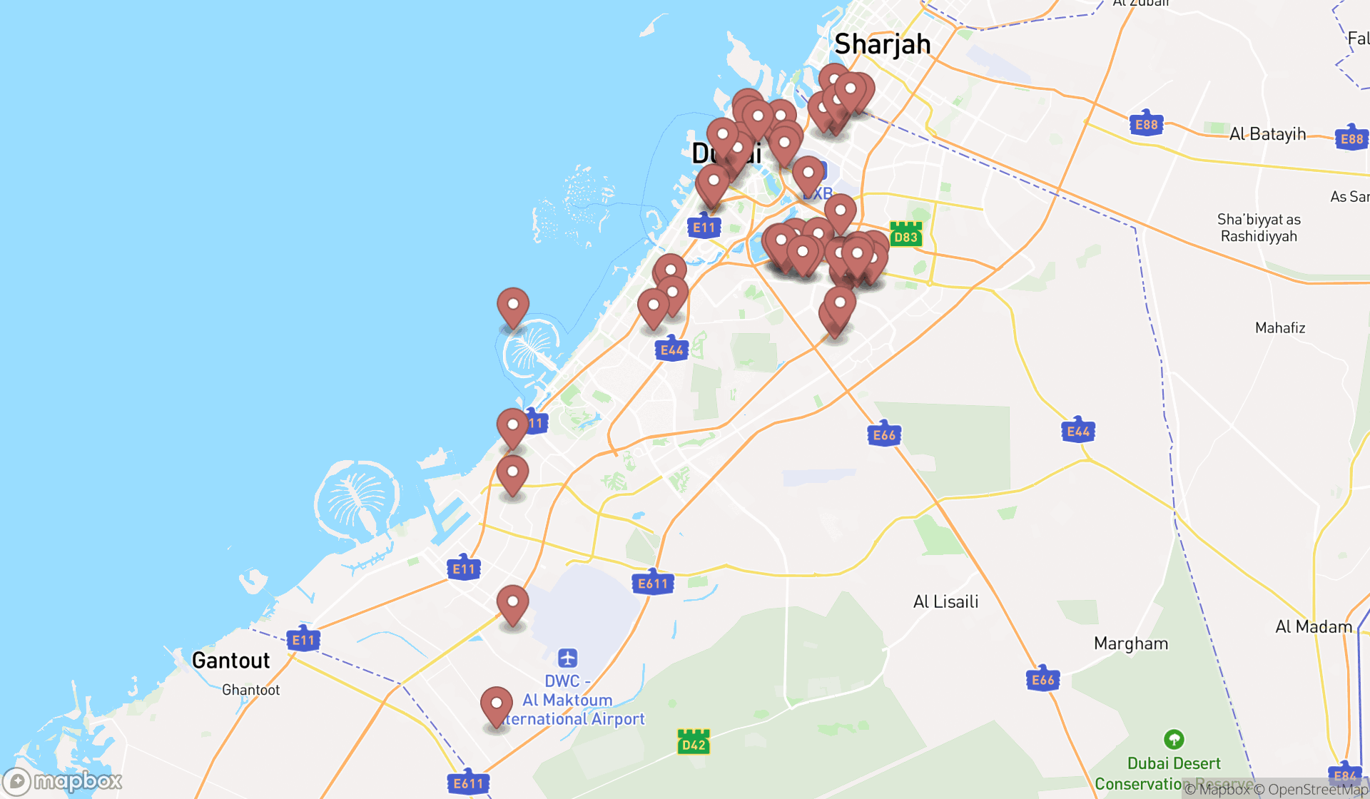 Map showing the search results in Dubai