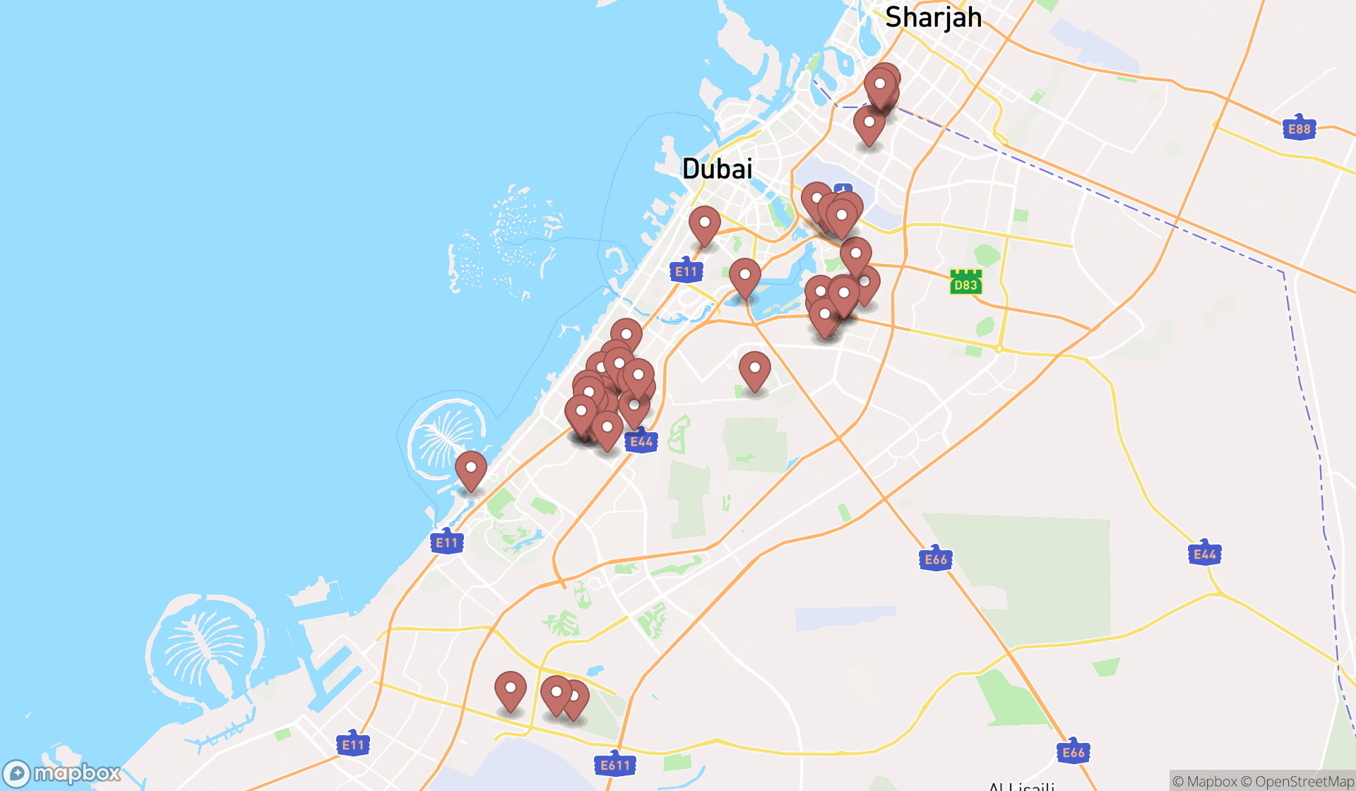 Map showing the search results in Dubai