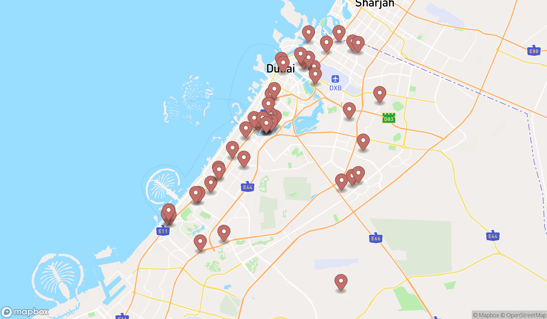 Map showing the search results in Dubai