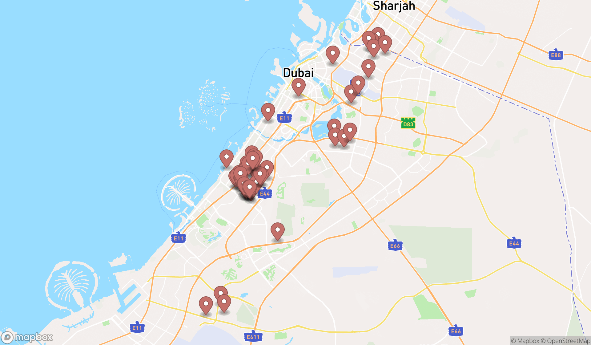 Map showing the search results in Dubai