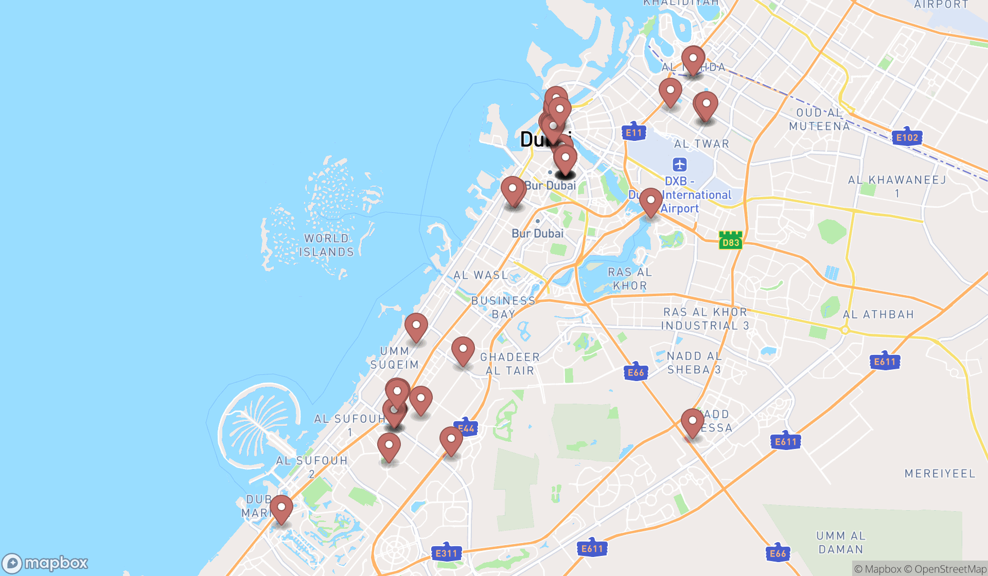 Map showing the search results in Dubai