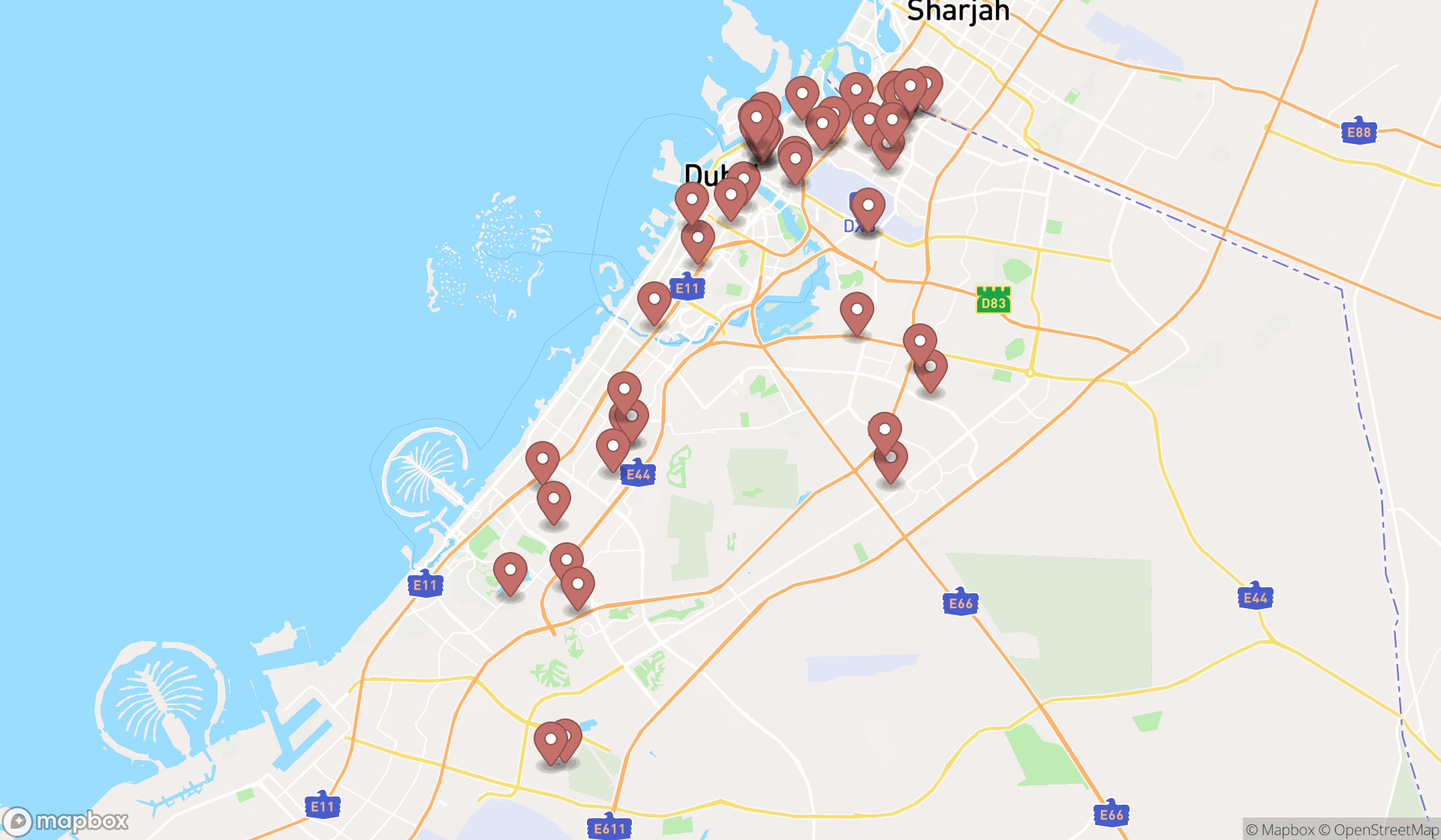 Map showing the search results in Dubai