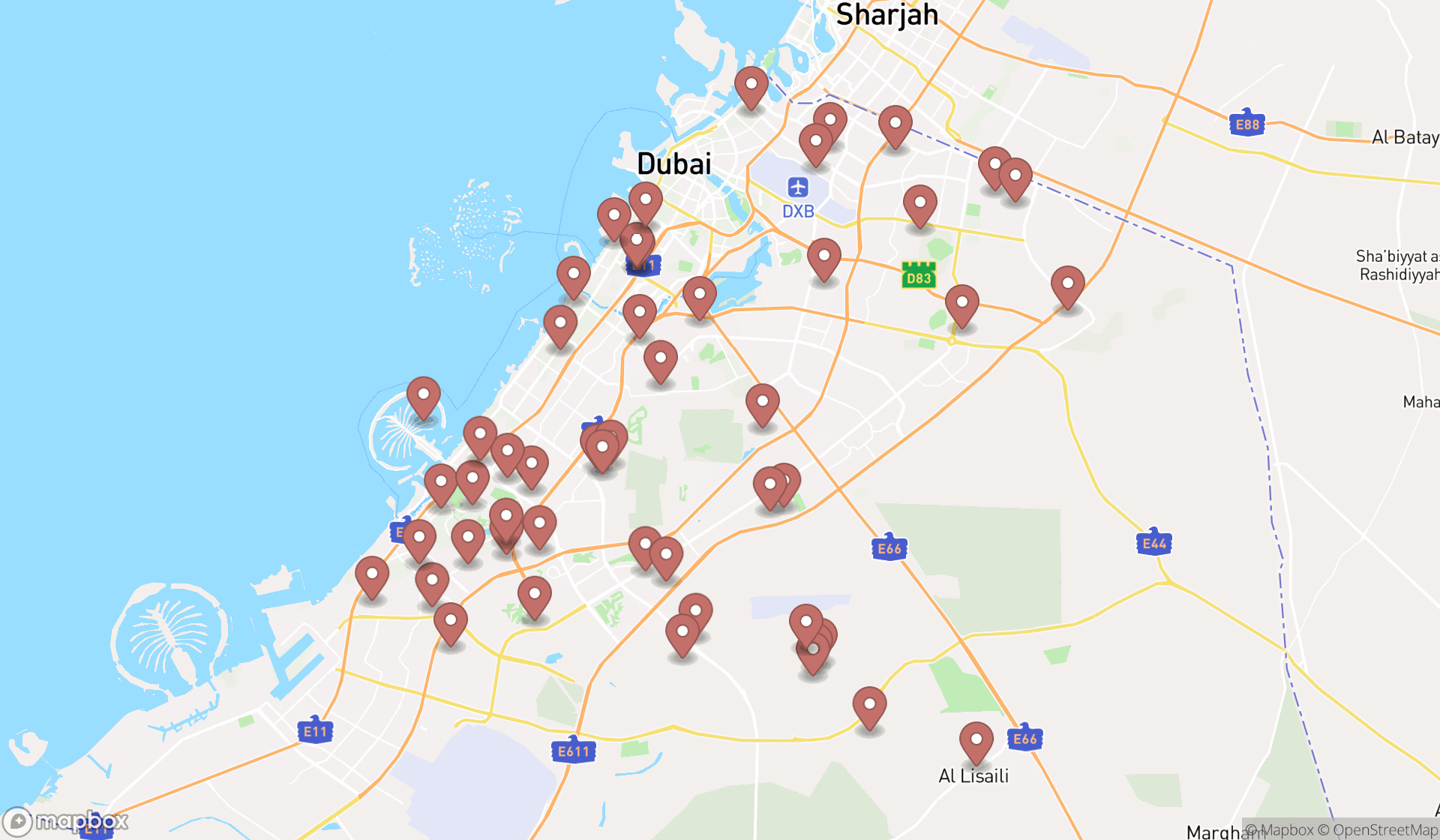 Map showing the search results in Dubai
