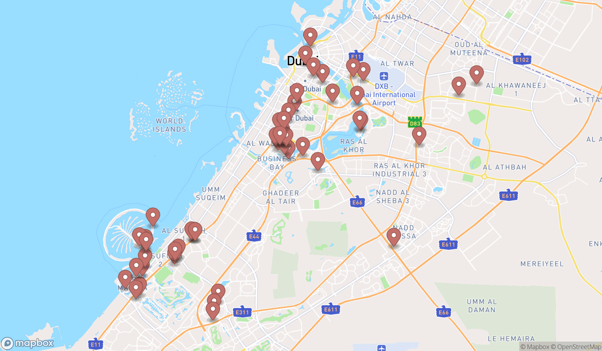 Map showing the search results in Dubai