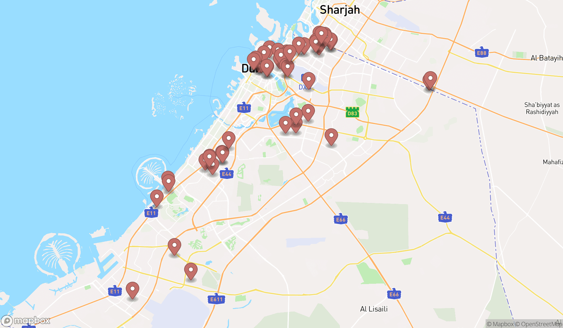 Map showing the search results in Dubai