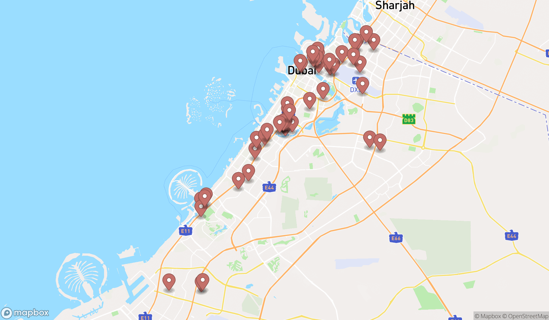 Map showing the search results in Dubai