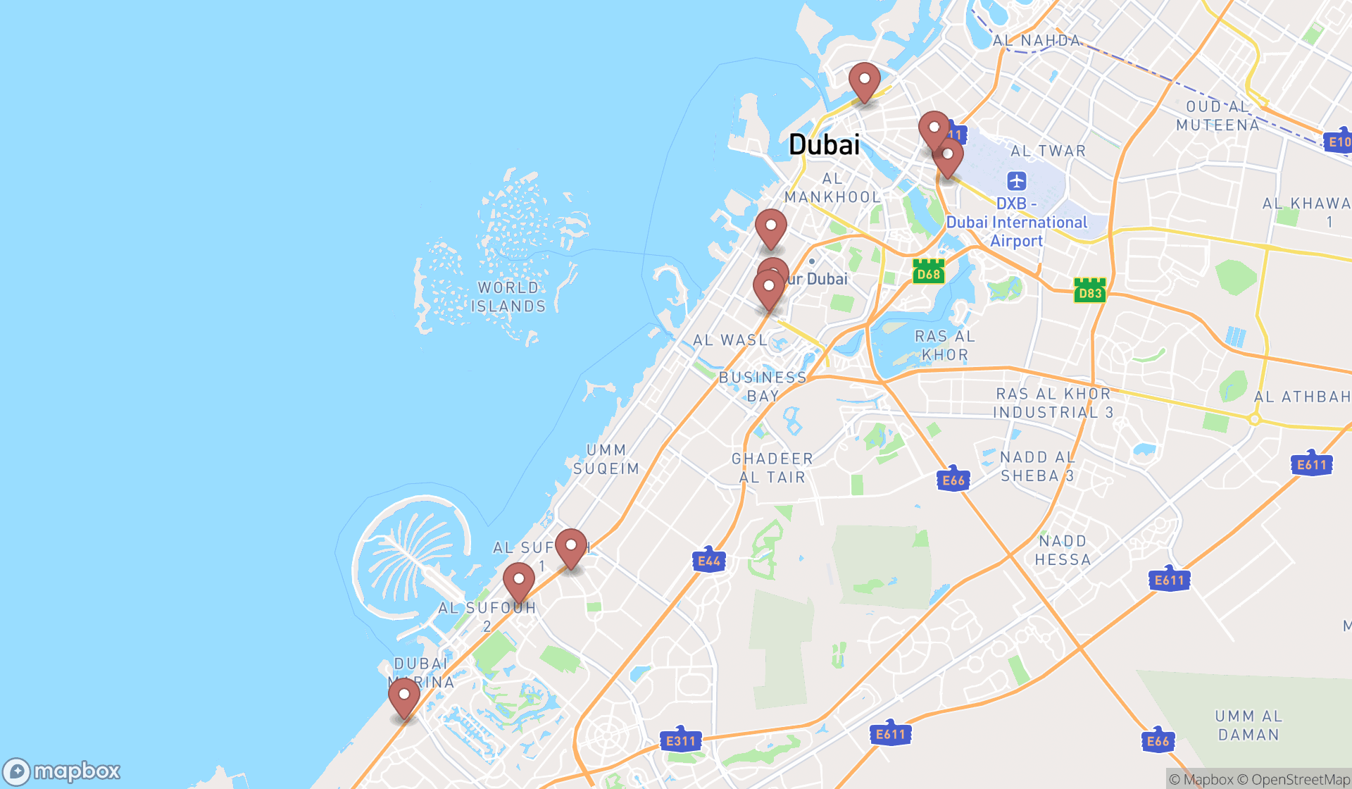 Map showing the search results in Dubai