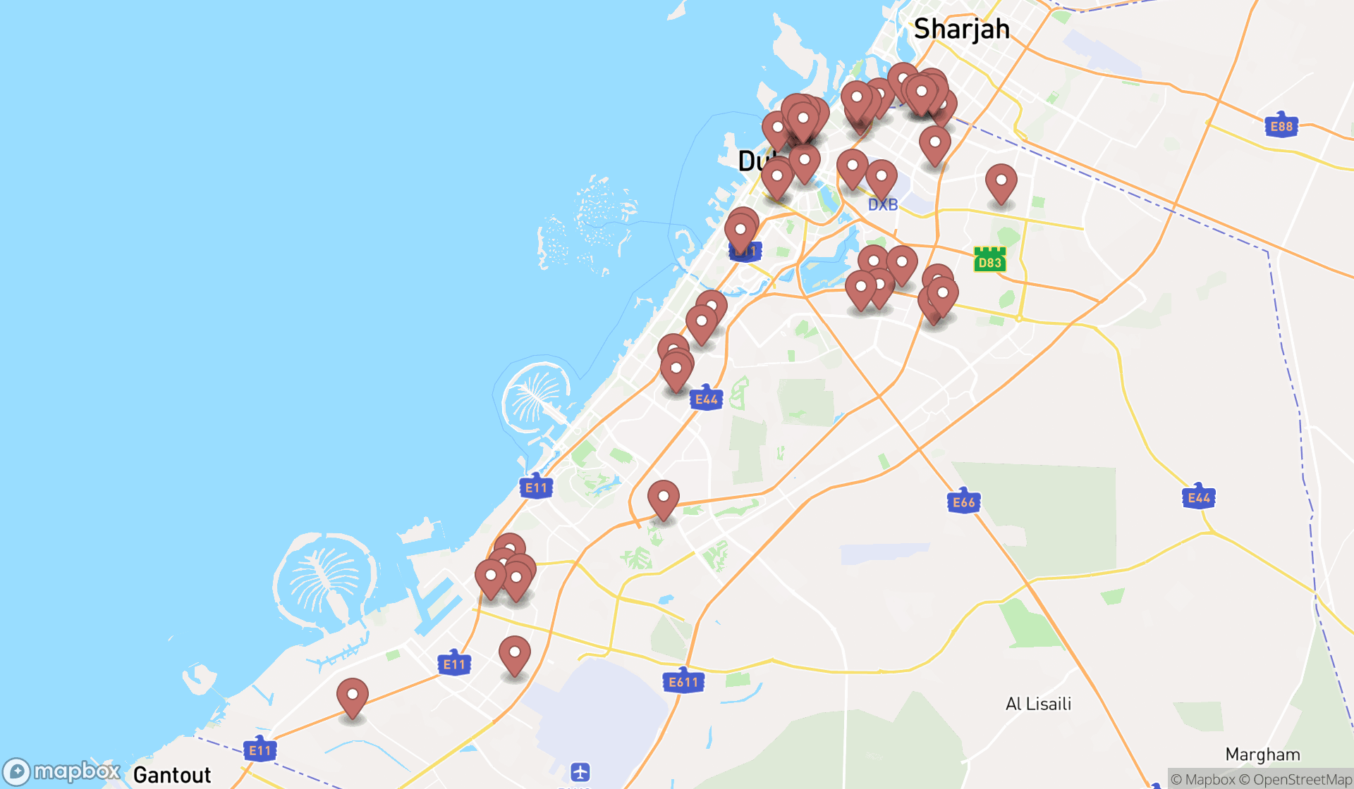 Map showing the search results in Dubai