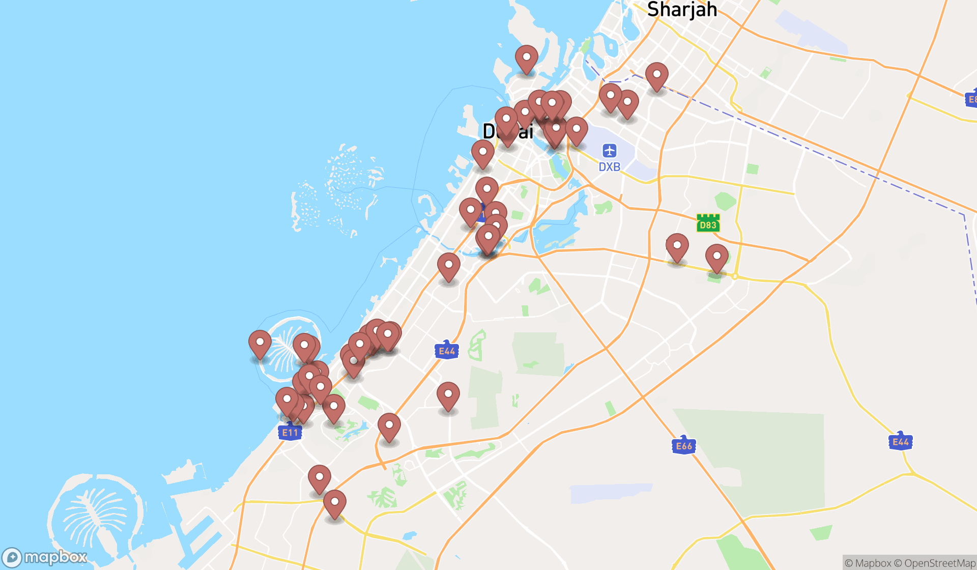 Map showing the search results in Dubai