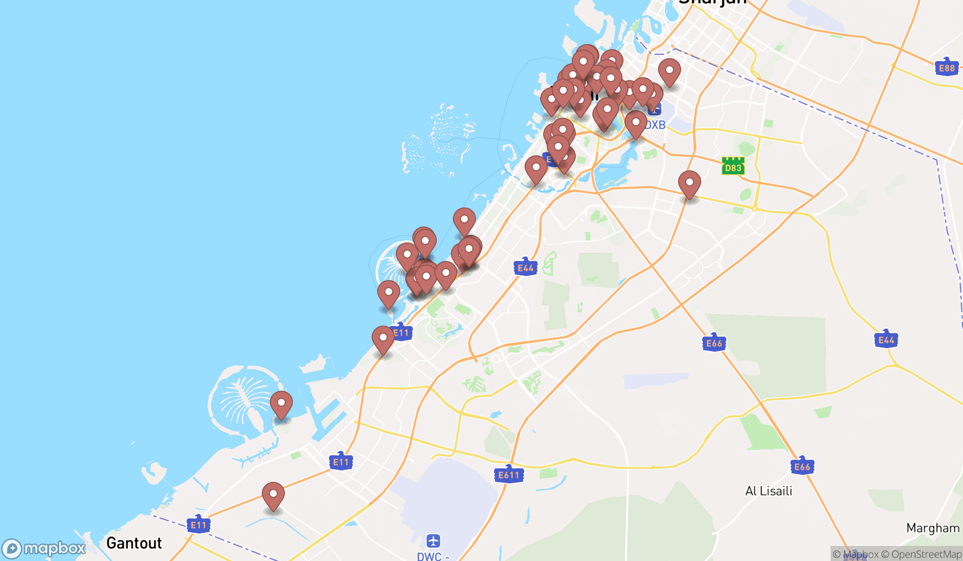 Map showing the search results in Dubai
