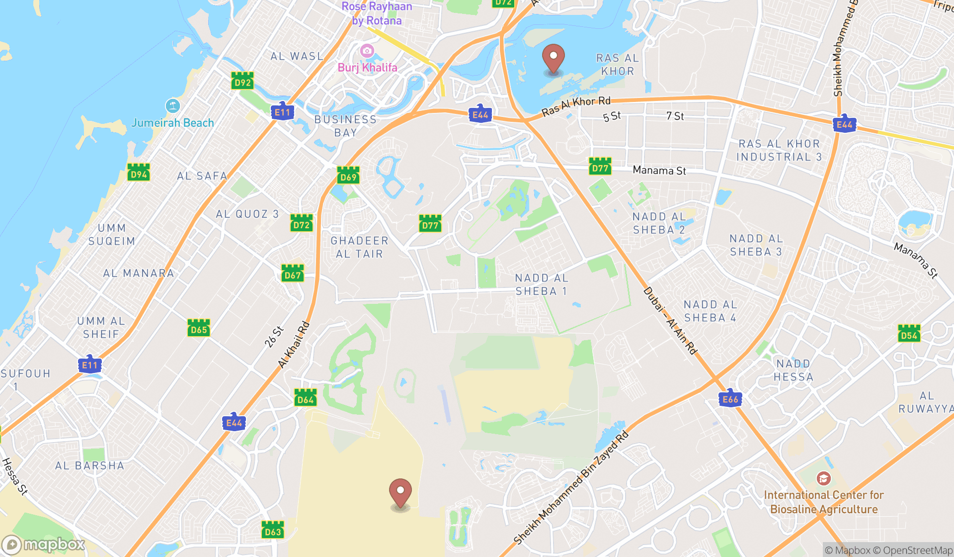 Map showing the search results in Dubai