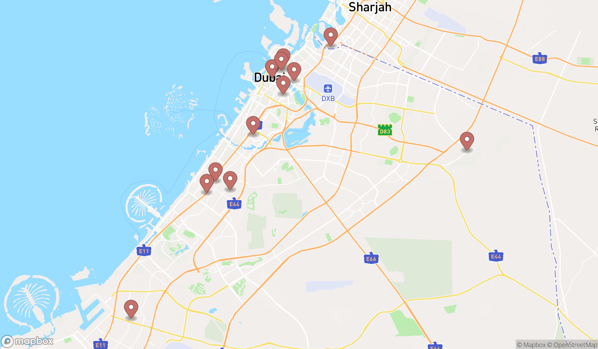 Map showing the search results in Dubai