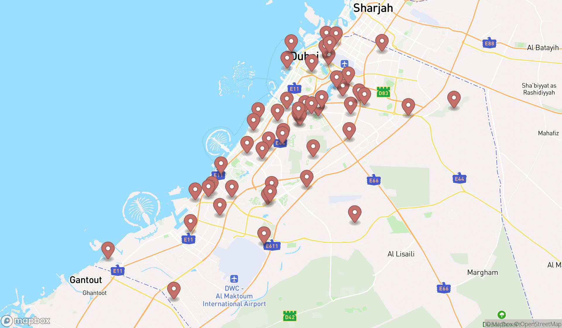Map showing the search results in Dubai