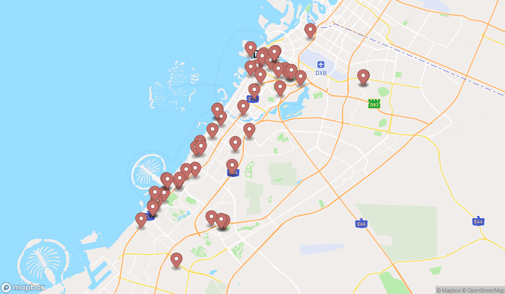 Map showing the search results in Dubai