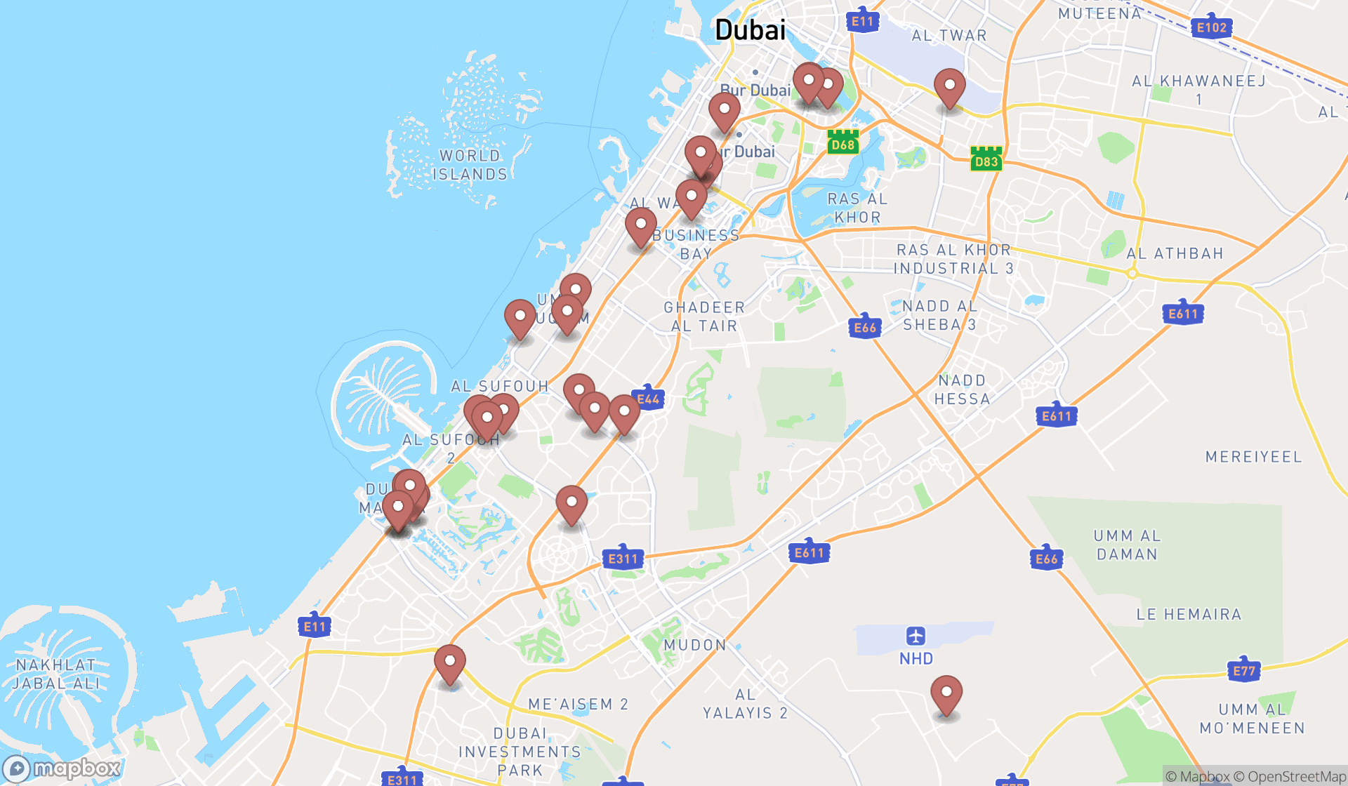 Map showing the search results in Dubai