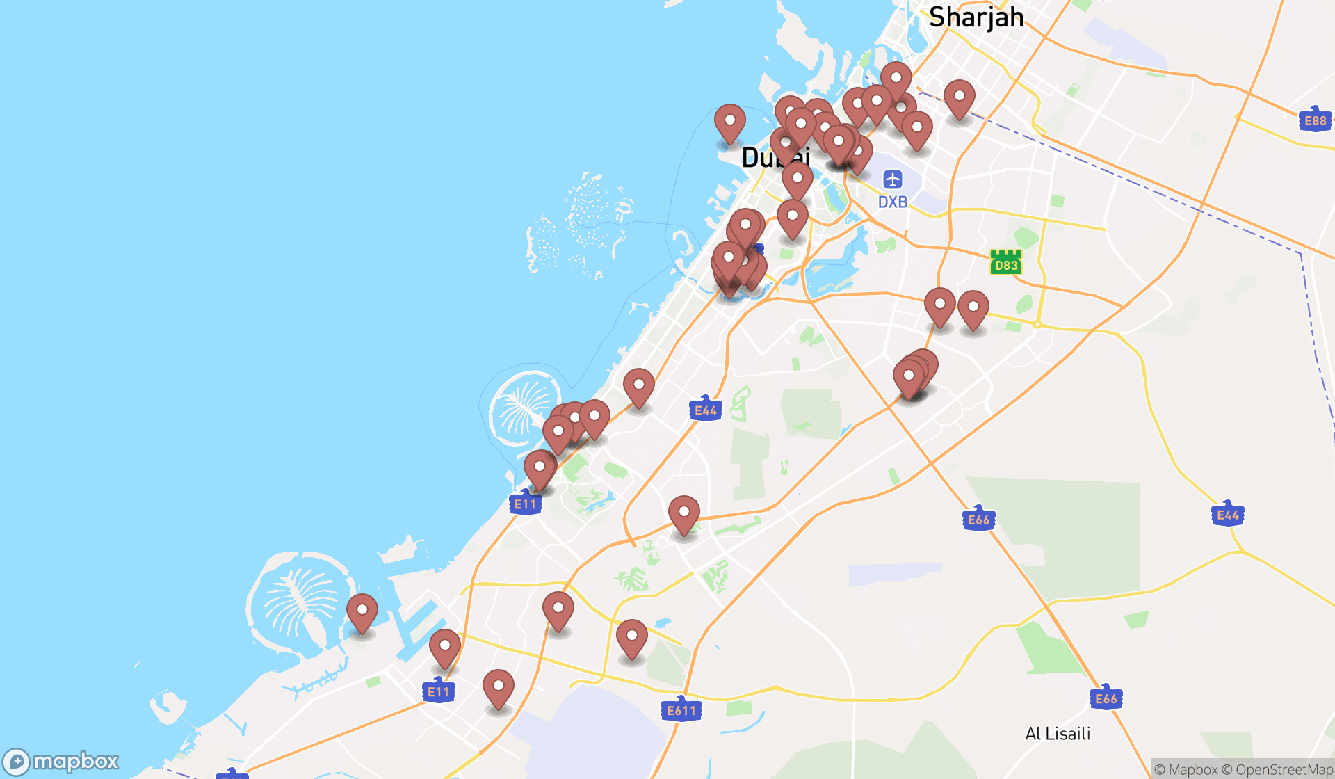 Map showing the search results in Dubai
