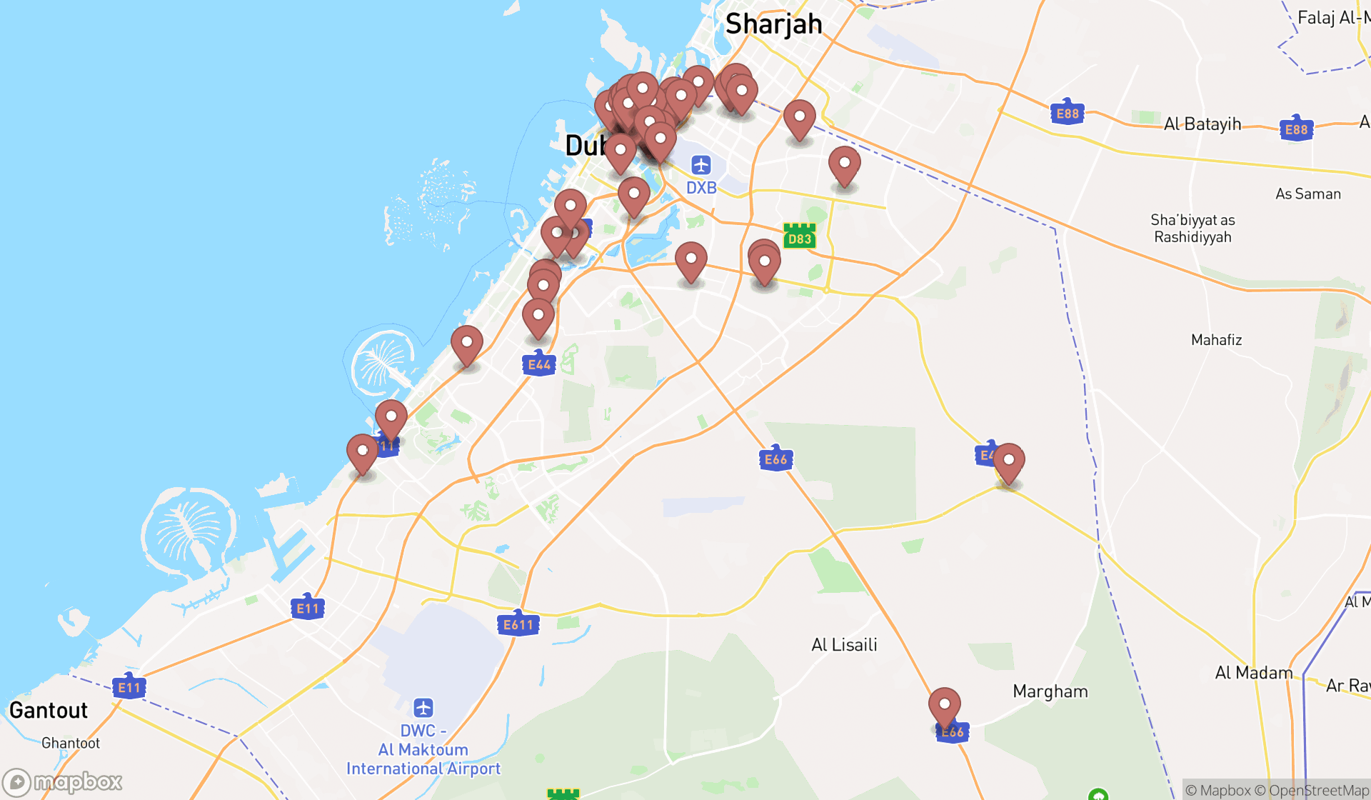 Map showing the search results in Dubai