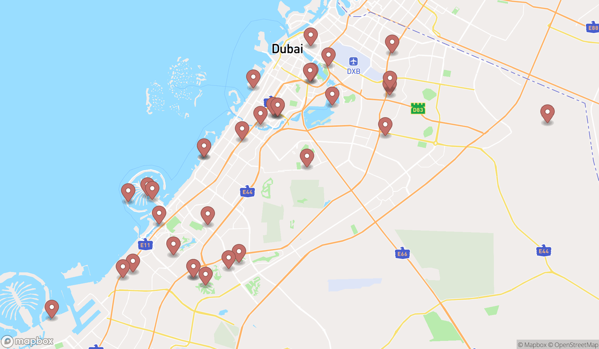 Map showing the search results in Dubai