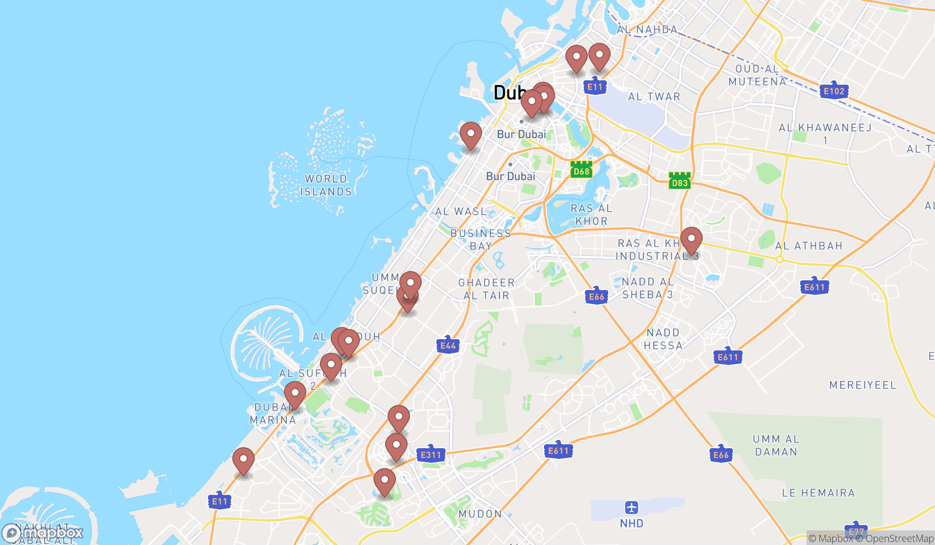 Map showing the search results in Dubai