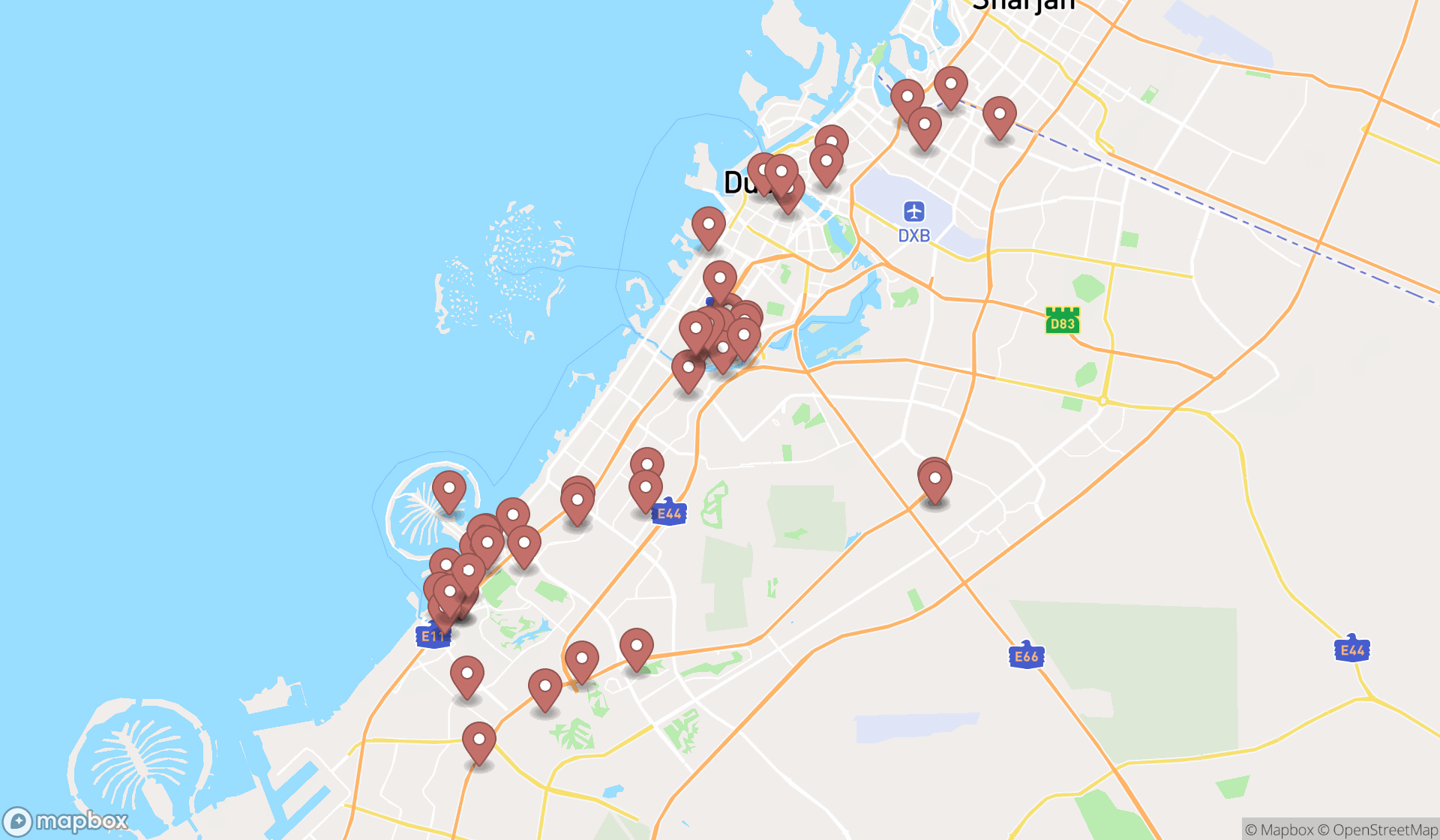 Map showing the search results in Dubai