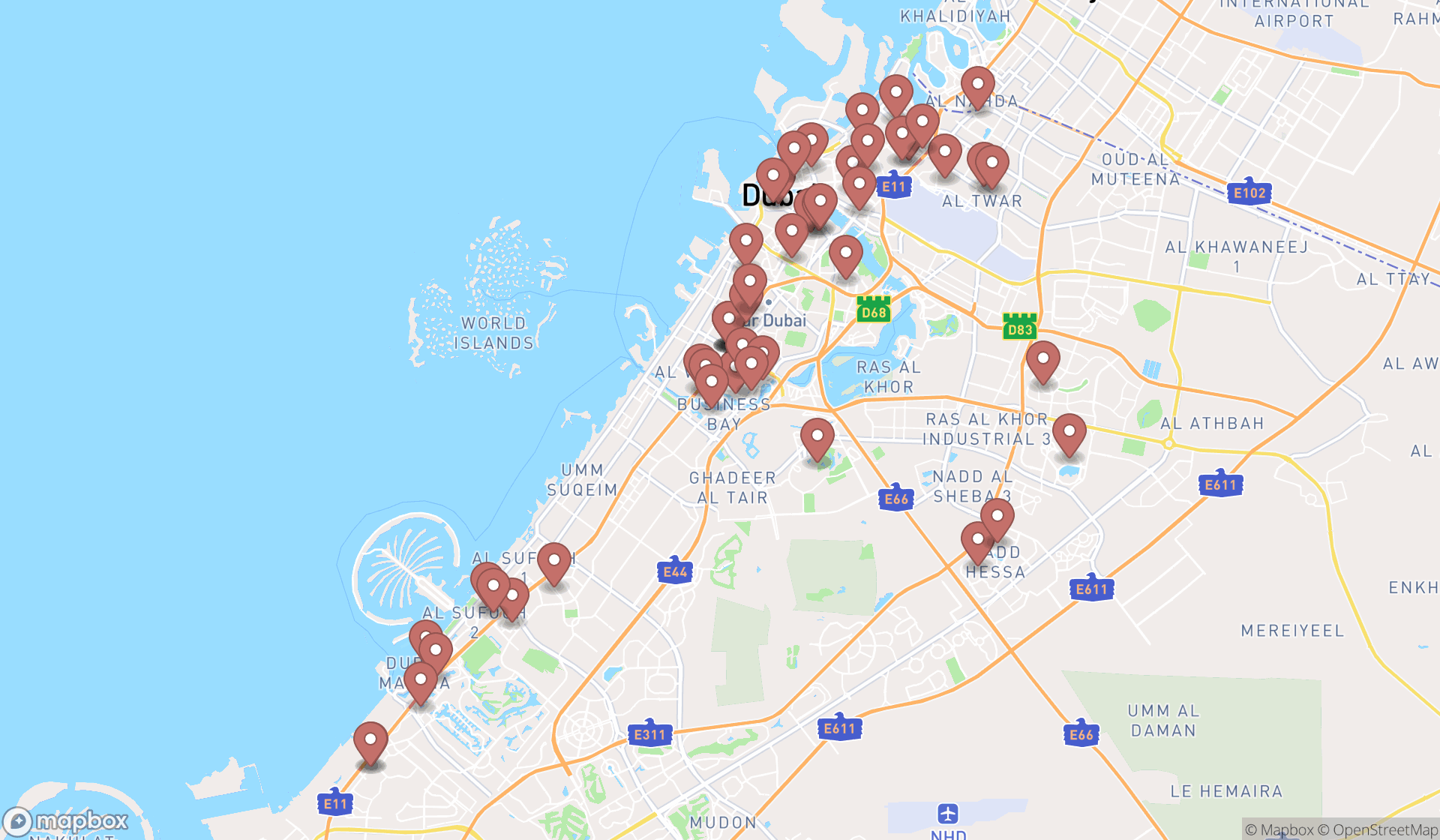 Map showing the search results in Dubai