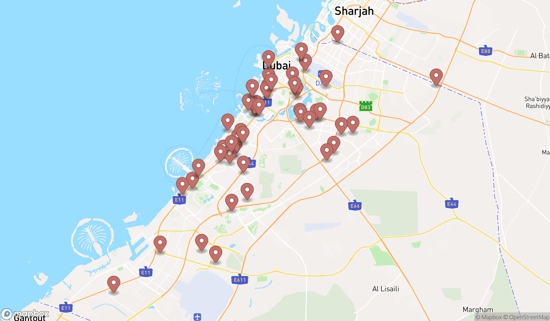 Map showing the search results in Dubai