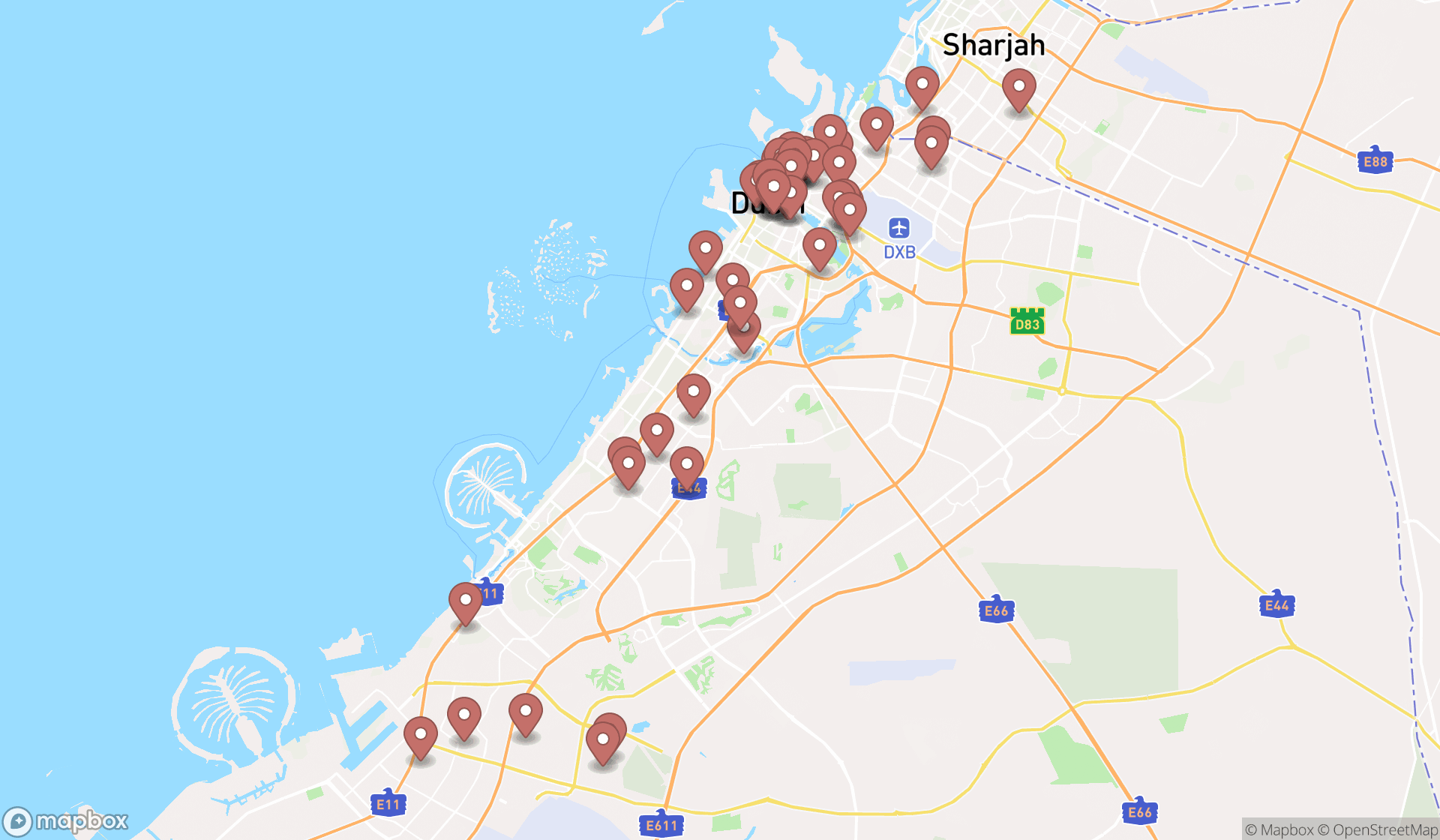 Map showing the search results in Dubai