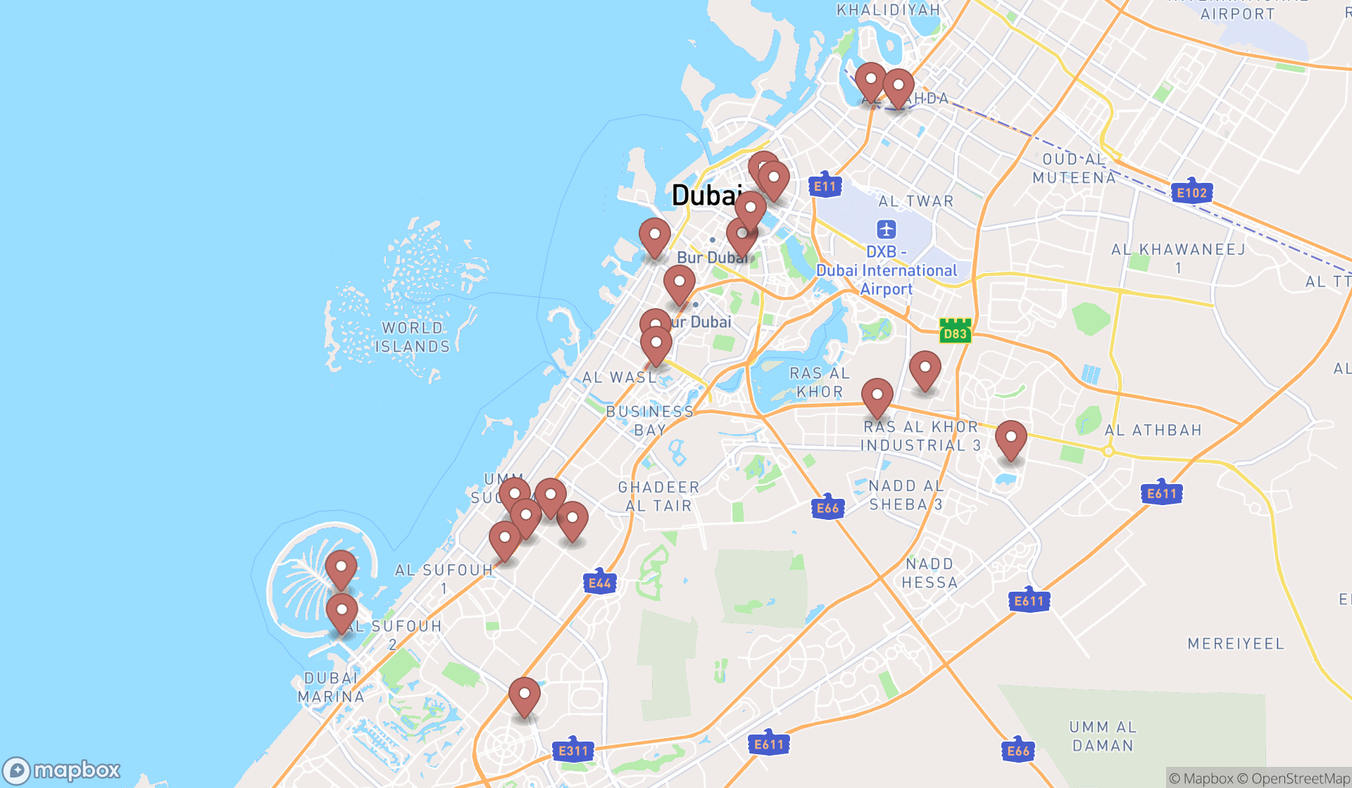 Map showing the search results in Dubai