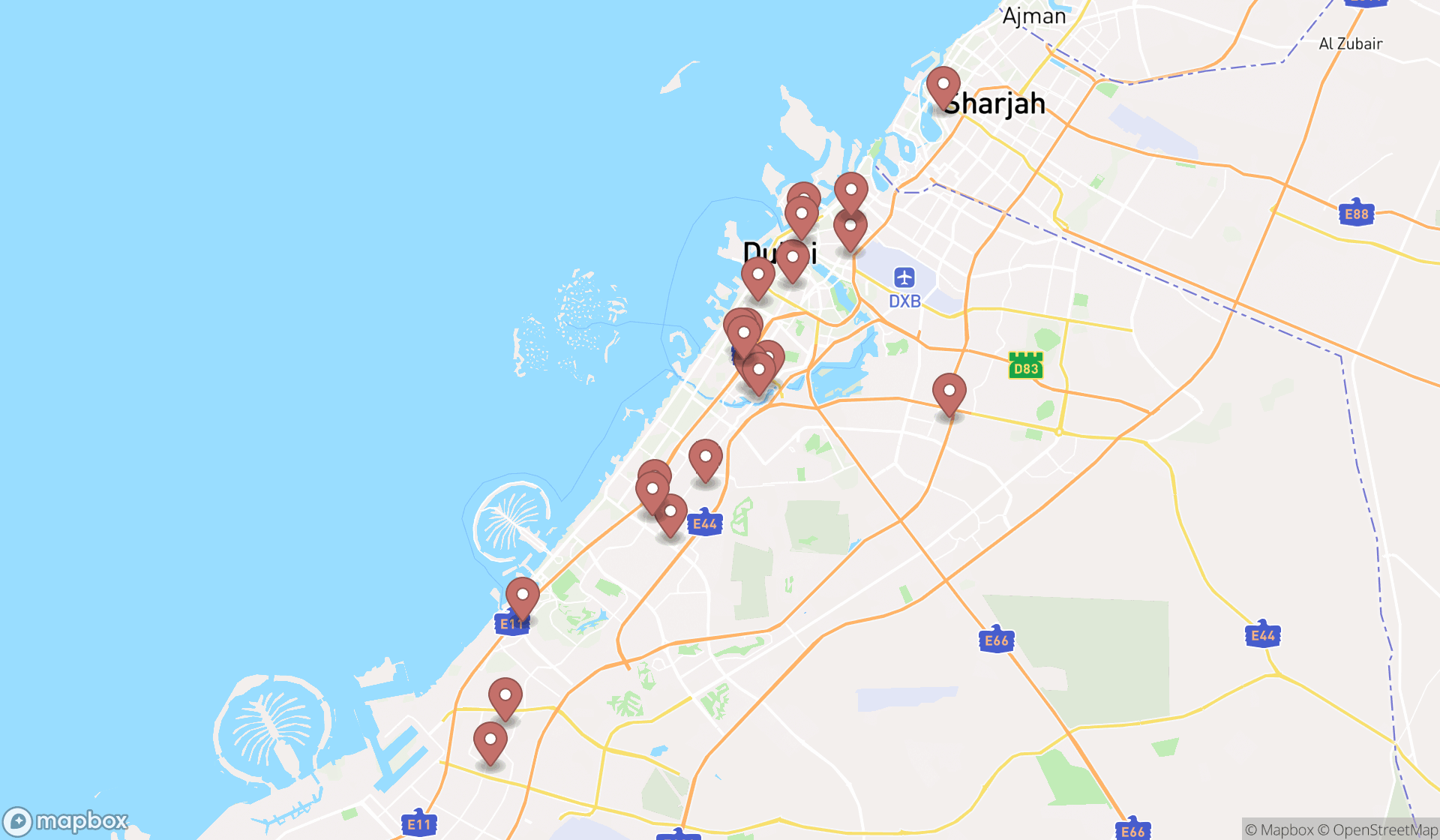 Map showing the search results in Dubai