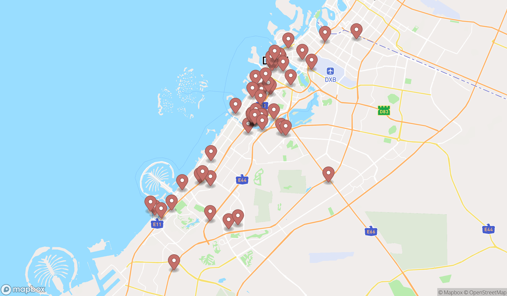 Map showing the search results in Dubai