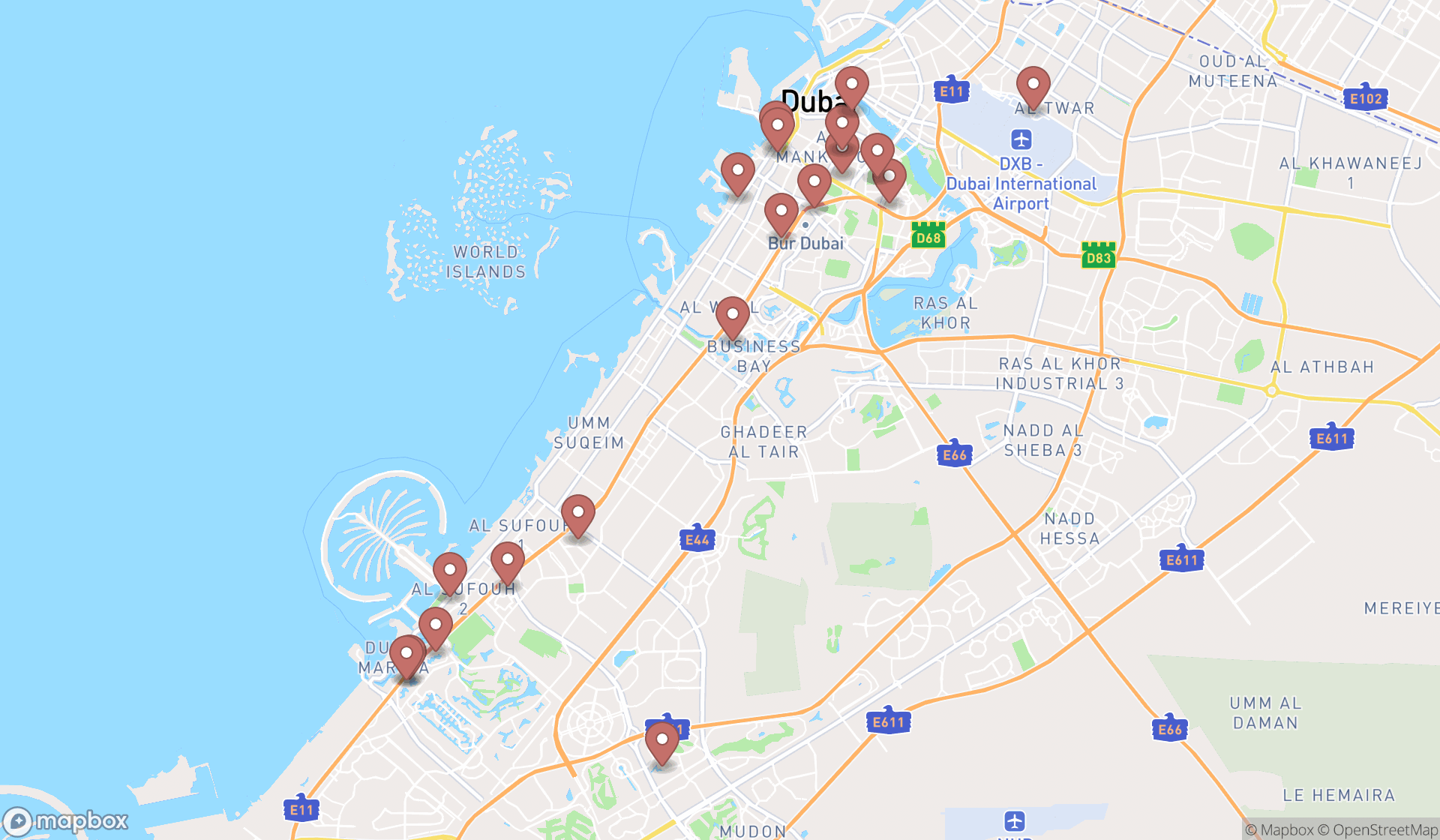 Map showing the search results in Dubai
