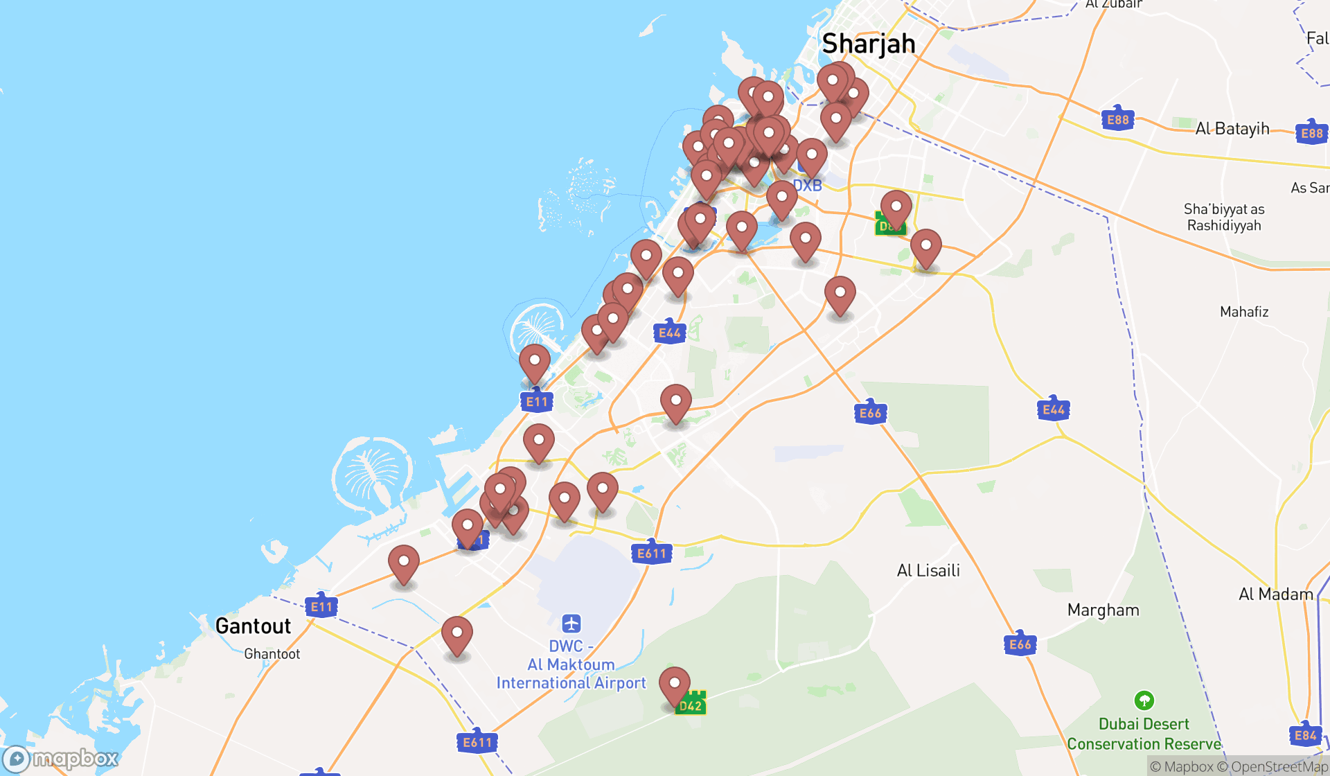 Map showing the search results in Dubai
