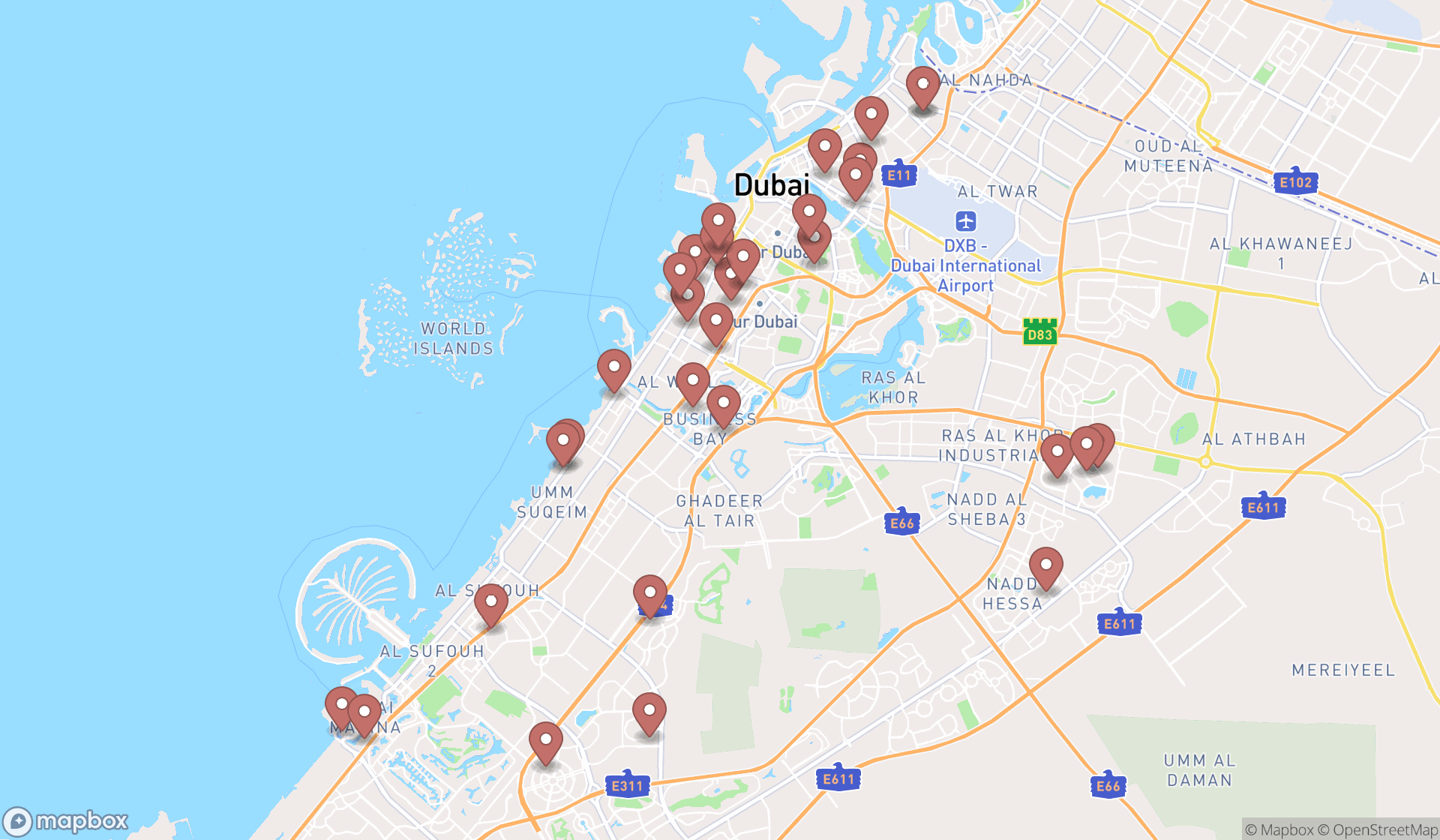 Map showing the search results in Dubai