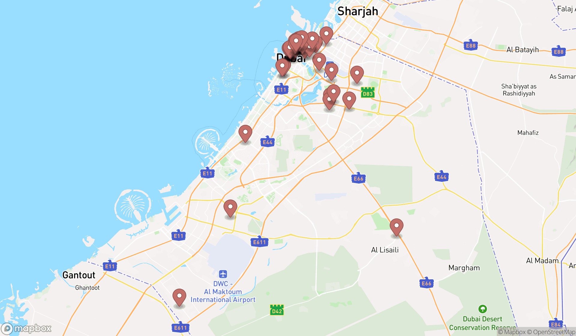 Map showing the search results in Dubai